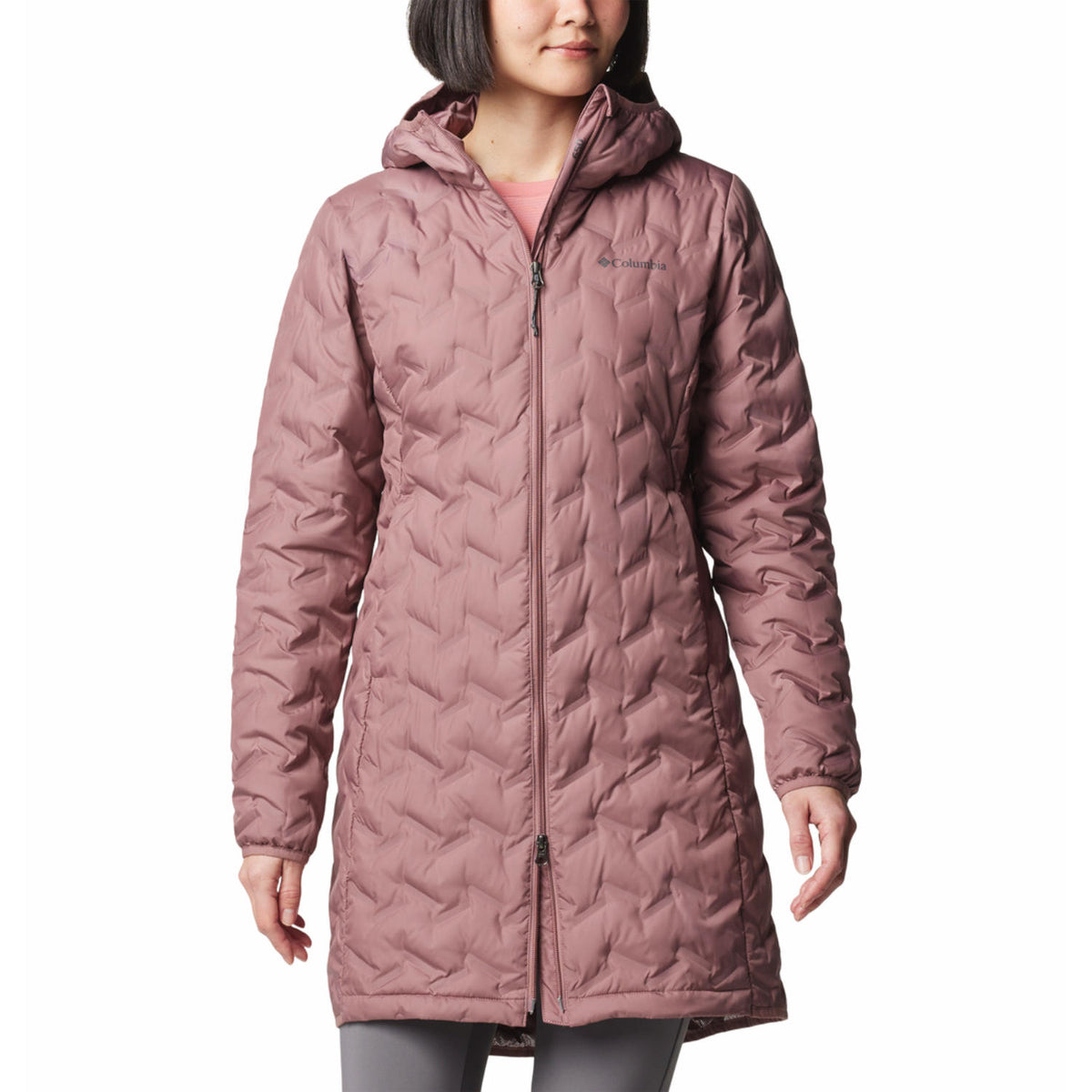 A Women Wearing Columbia Women Red Delta Ridge II Long Down Jacket