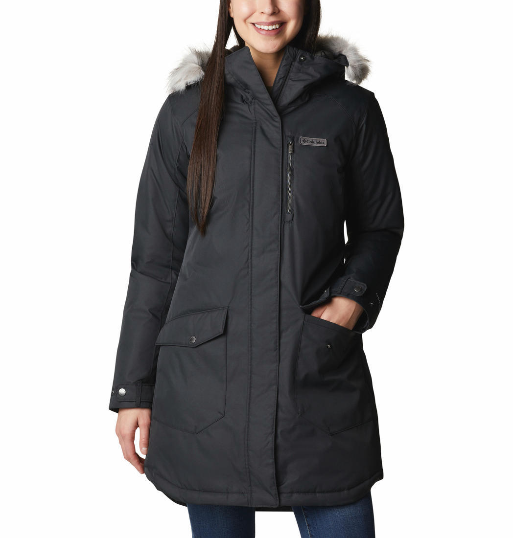 A Women Wearing Columbia Women Black Suttle Mountain Long Insulated Jacket