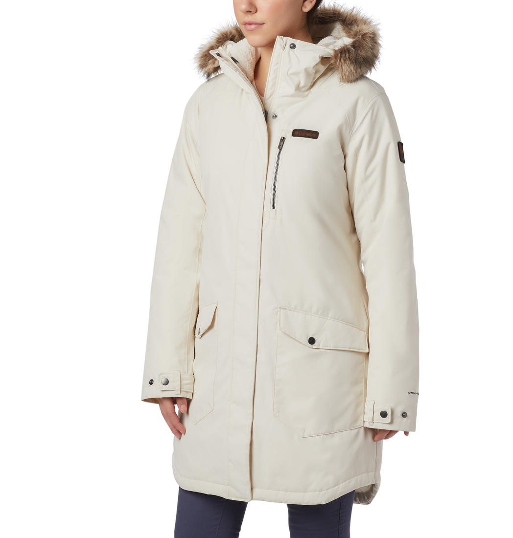 A Women Wearing Columbia Women White Suttle Mountain Long Insulated Jacket