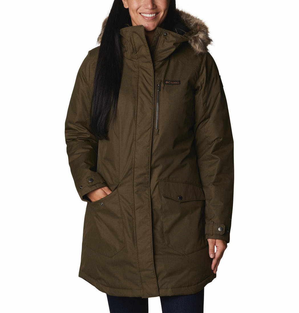 A Women Wearing Columbia Women Olive Suttle Mountain Long Insulated Jacket