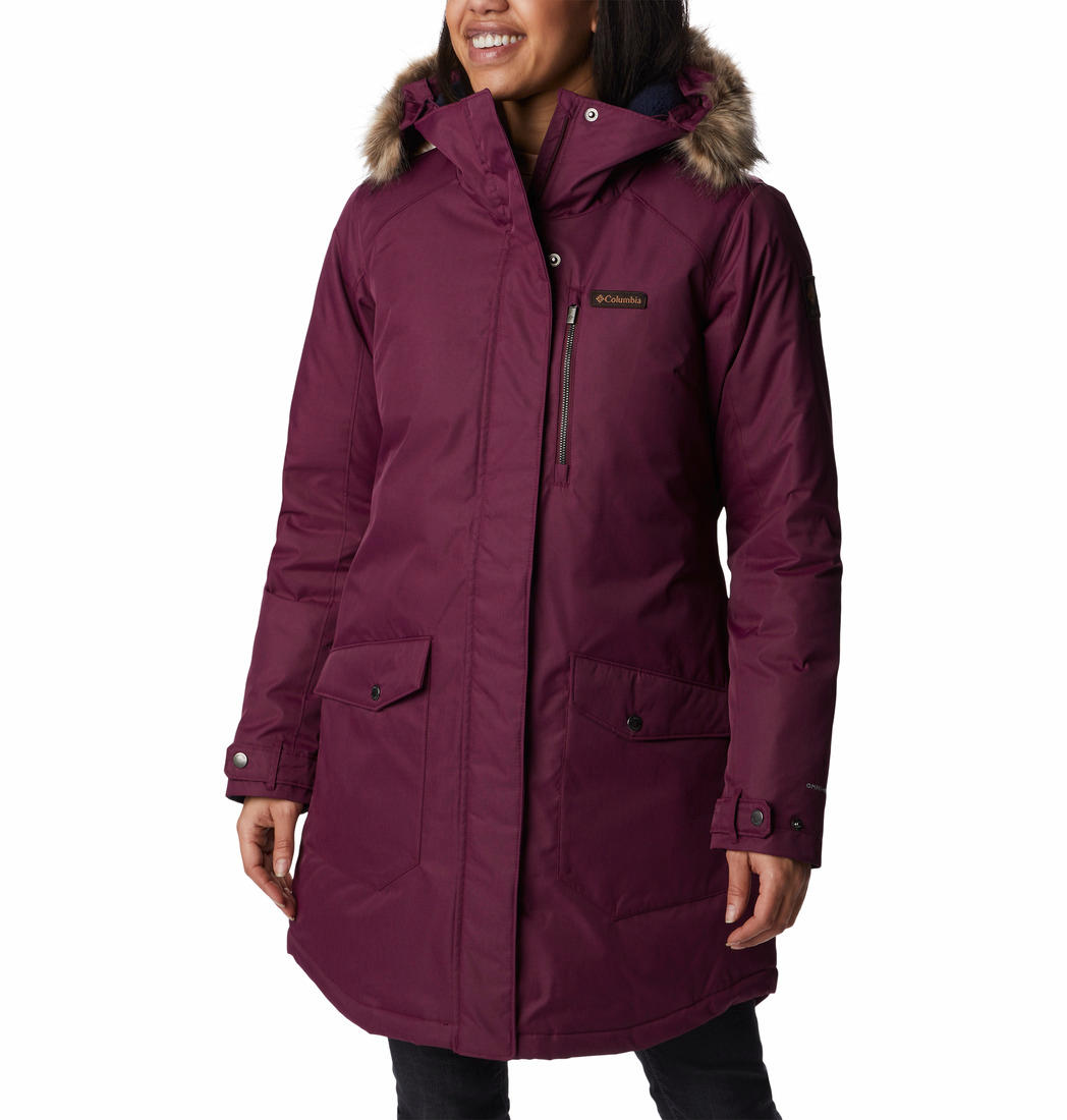 A Women Wearing Columbia Women Purple Suttle Mountain Long Insulated Jacket
