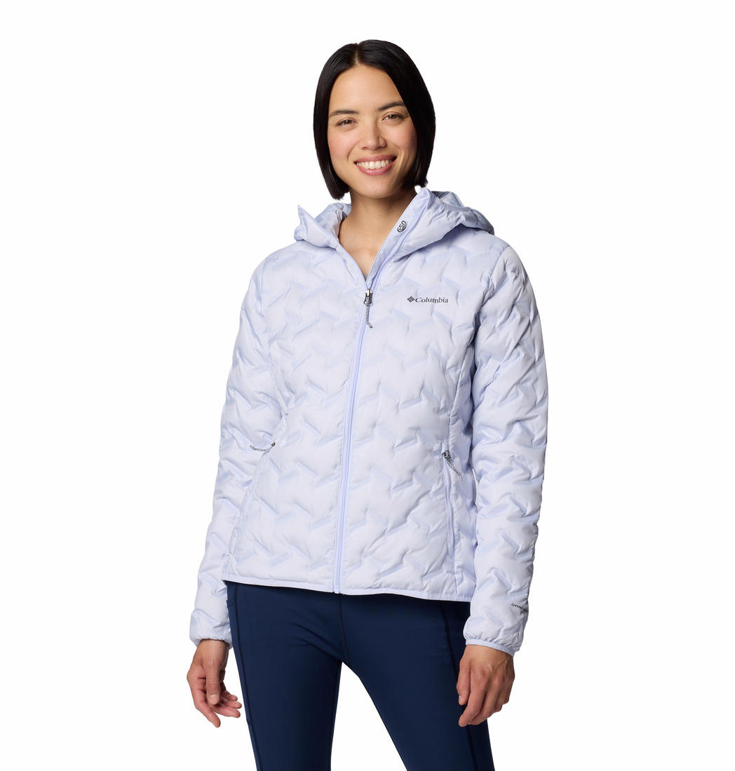 A Women Wearing Columbia Women Purple Delta Ridge II Down Hooded Jacket