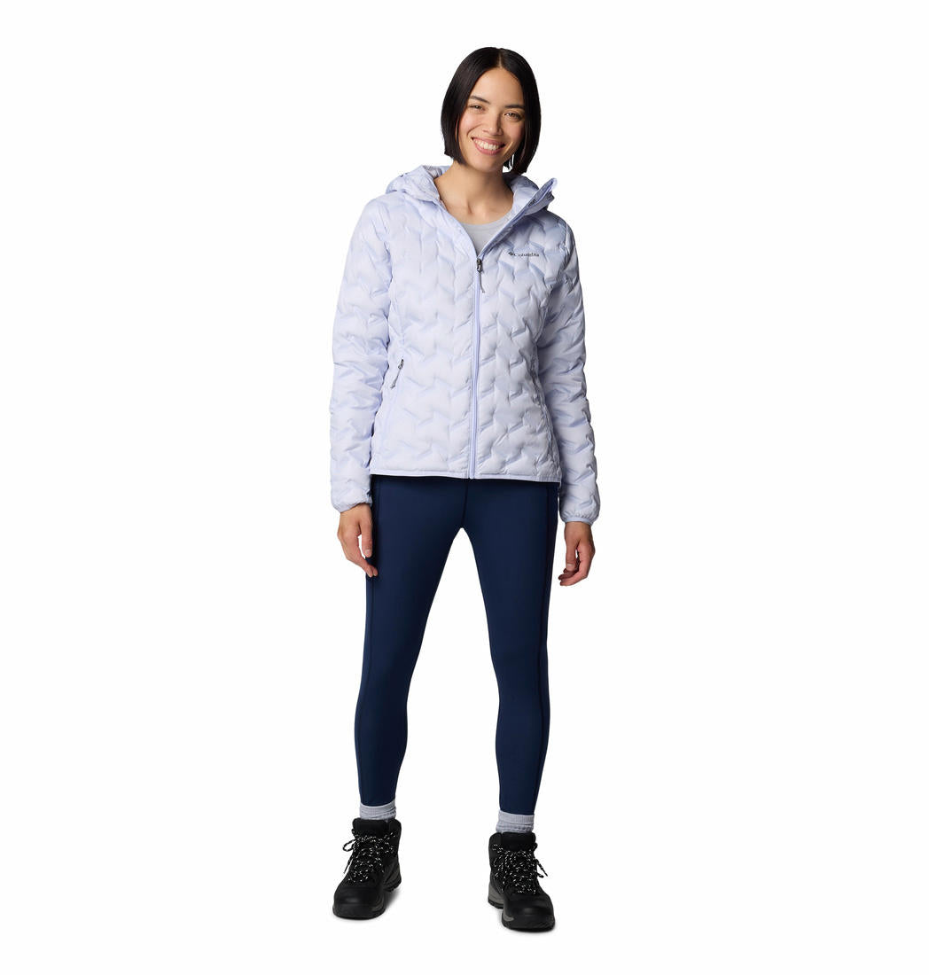 A Women Wearing Columbia Women Purple Delta Ridge II Down Hooded Jacket