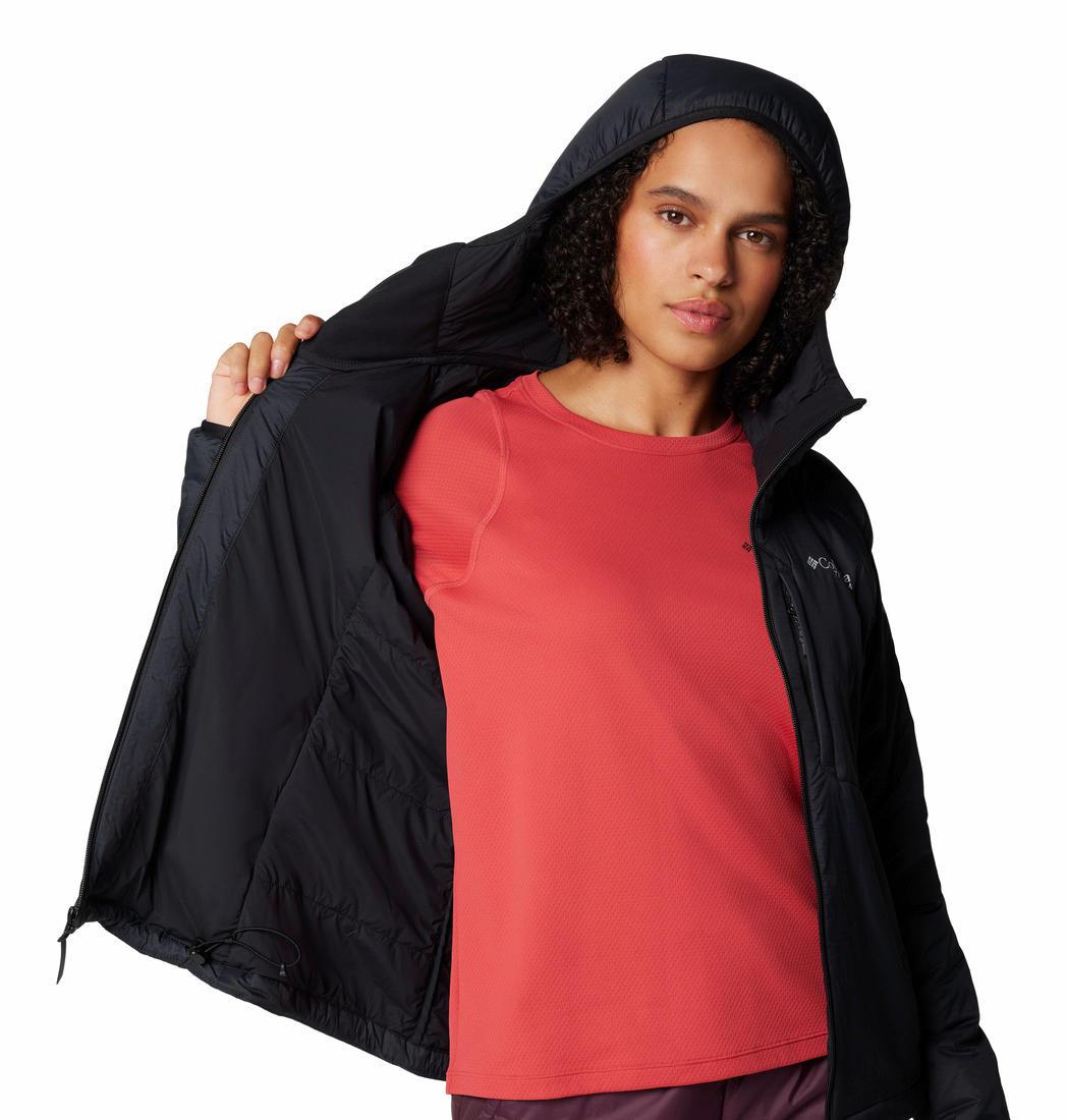 A Women Wearing Columbia Women Black Silver Leaf II Stretch Insulated Jacket