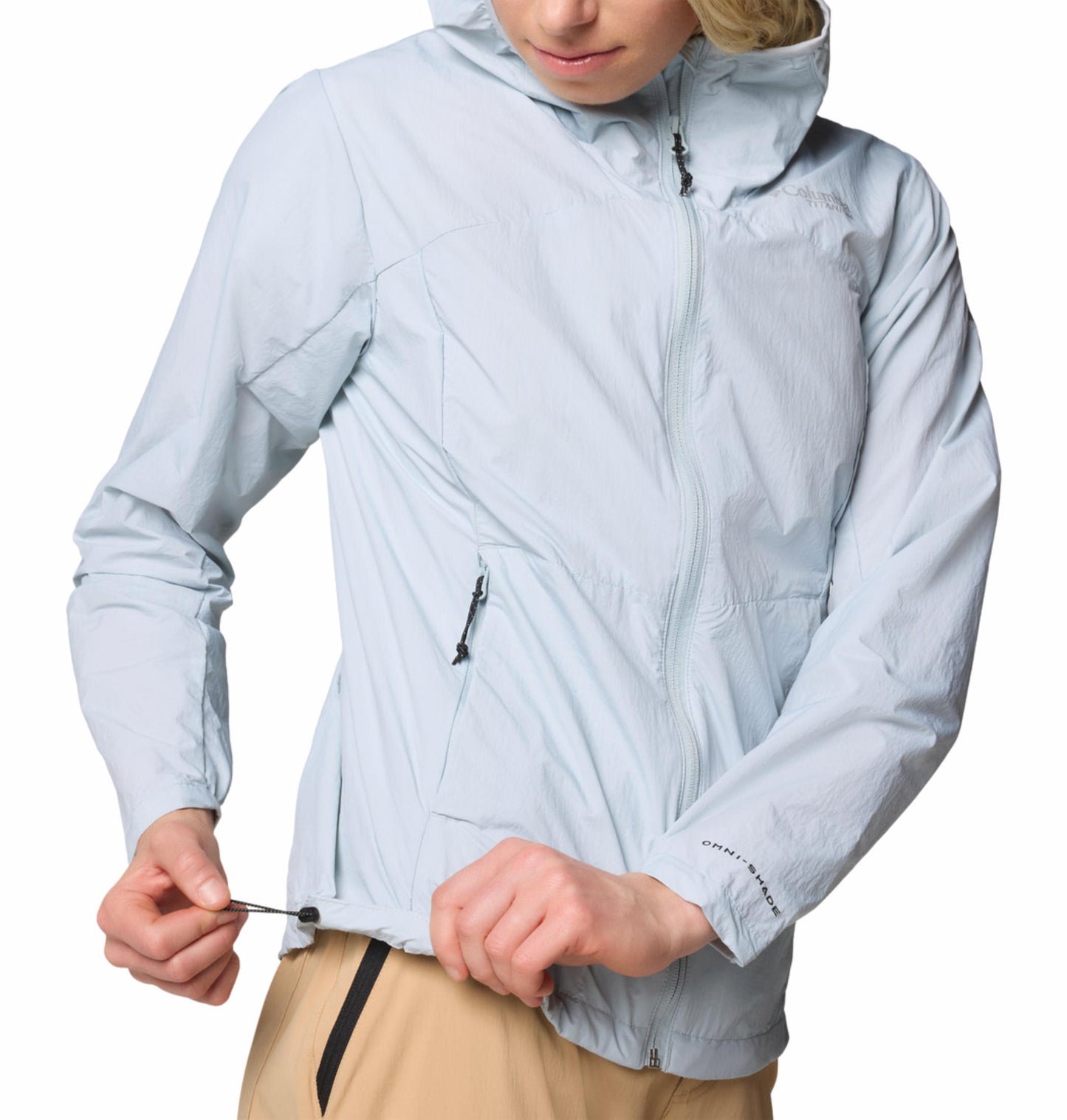 A Women Wearing Columbia Women Grey Loop Trail III Windbreaker (Sun Protection)