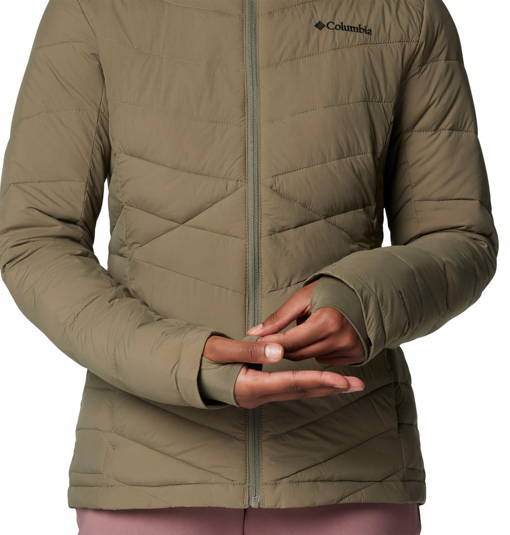 A Women Wearing Columbia Women Green Joy Peak II Hooded Jacket