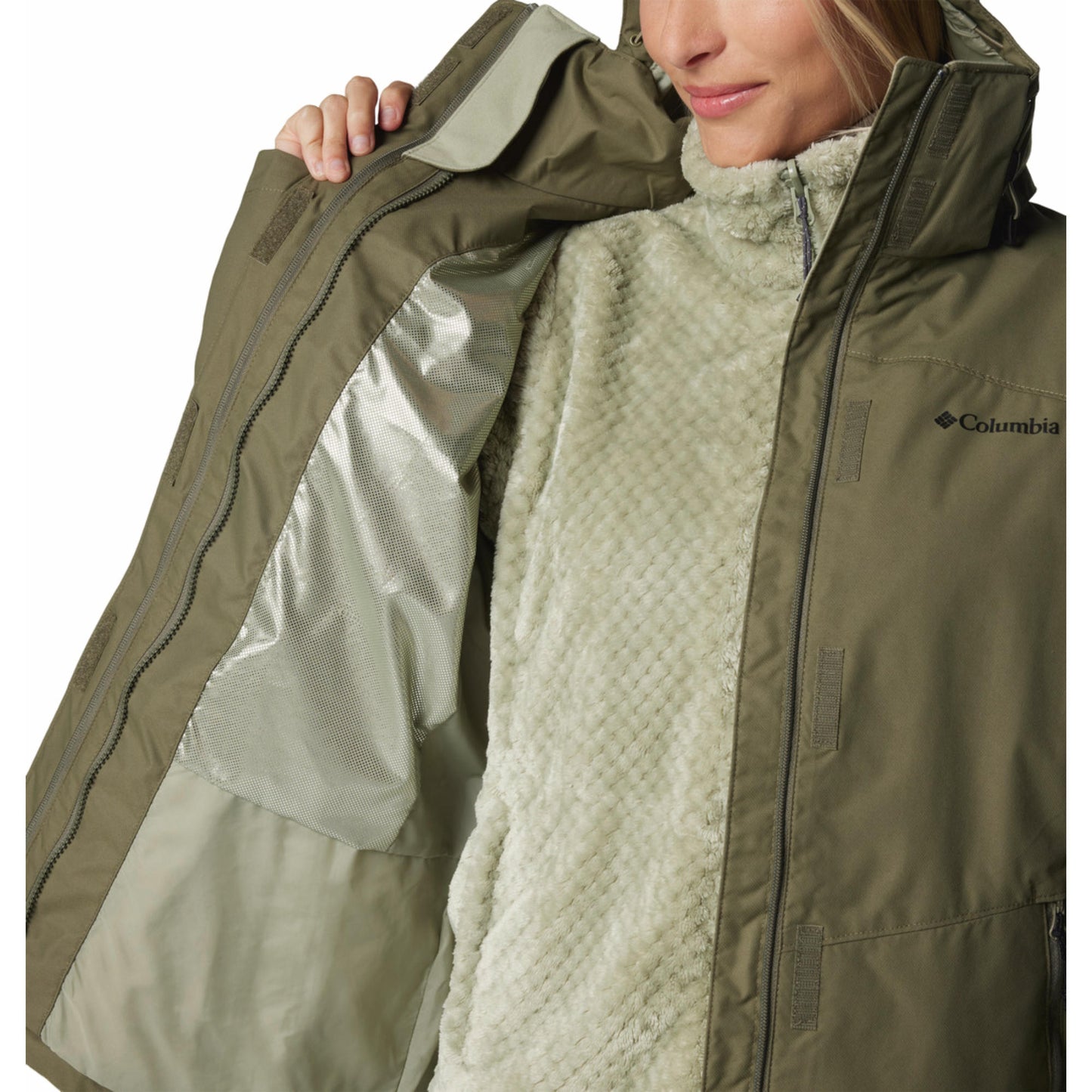 Columbia Women Green Omni-Heat Reflective Bugaboo III Fleece Hooded Interchange Jacket