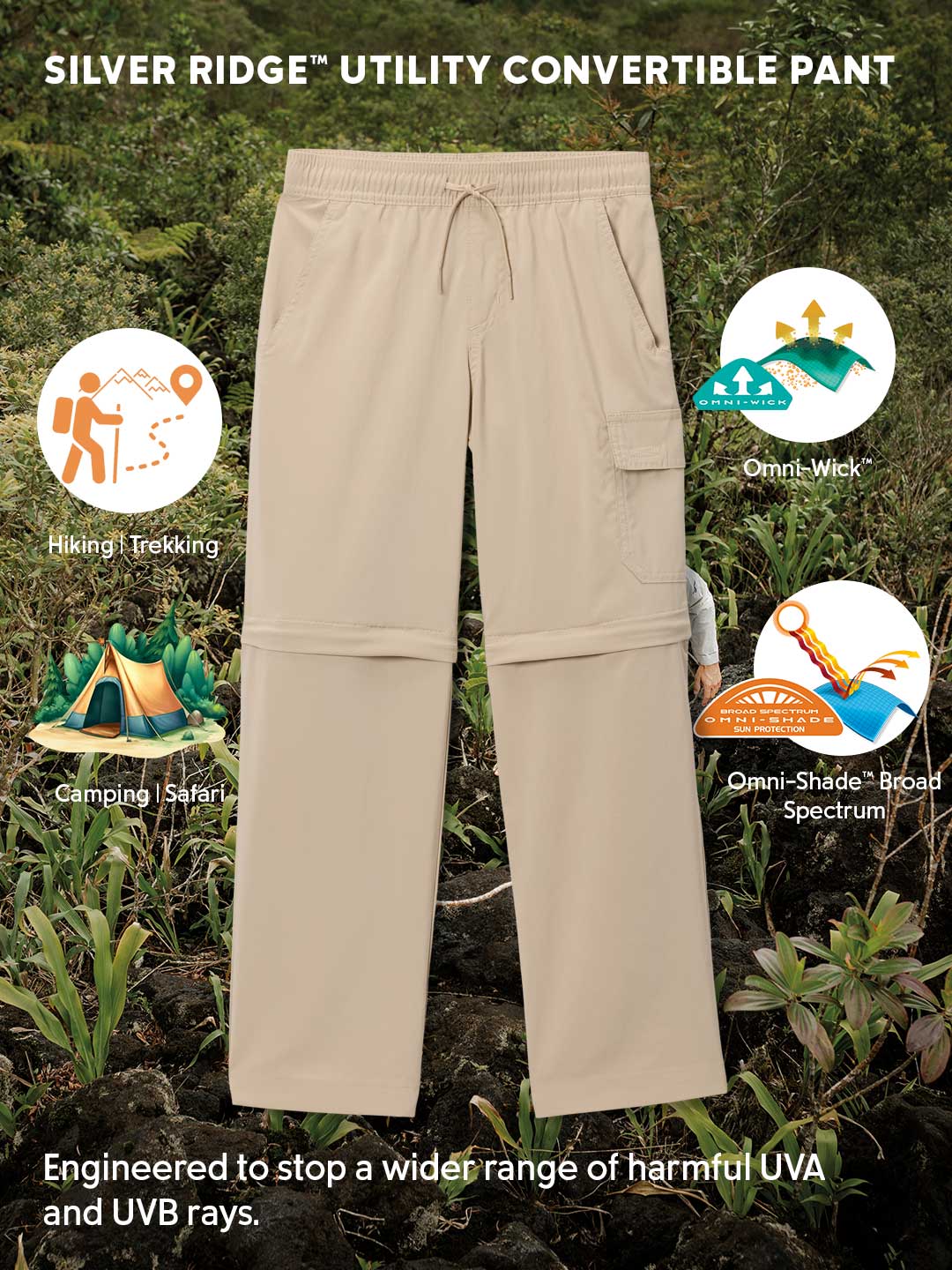 Columbia Kids Boys Beige Omni-Shade Silver Ridge Convertible Utility Pant
