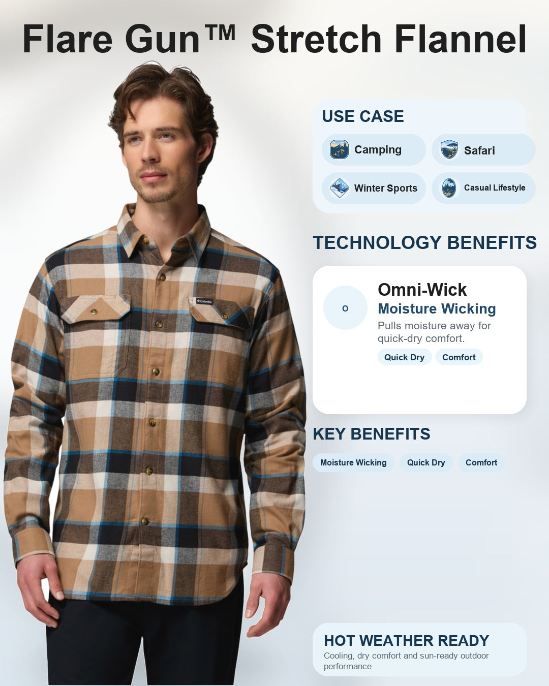 men brown omni wick flare gun stretch flannel long sleeve shirt