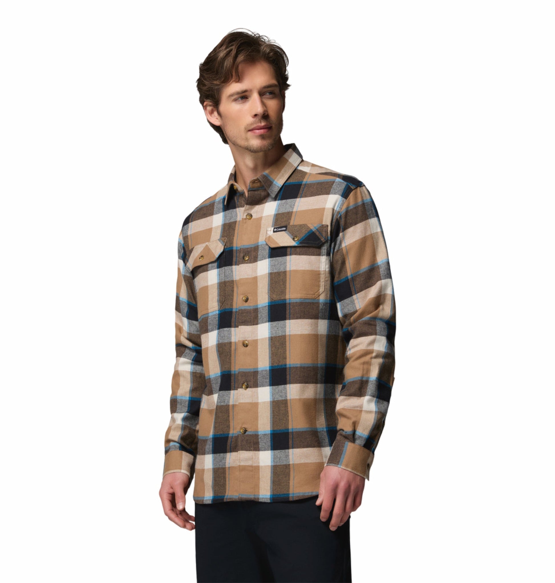 men brown omni wick flare gun stretch flannel long sleeve shirt
