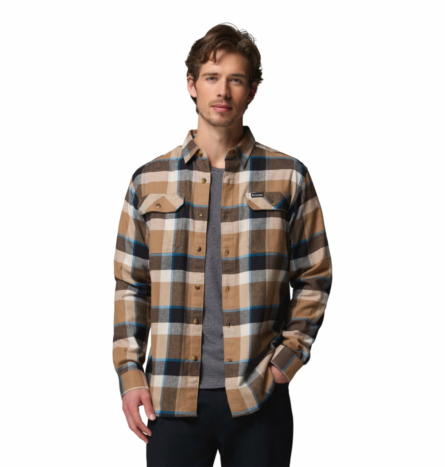 men brown omni wick flare gun stretch flannel long sleeve shirt