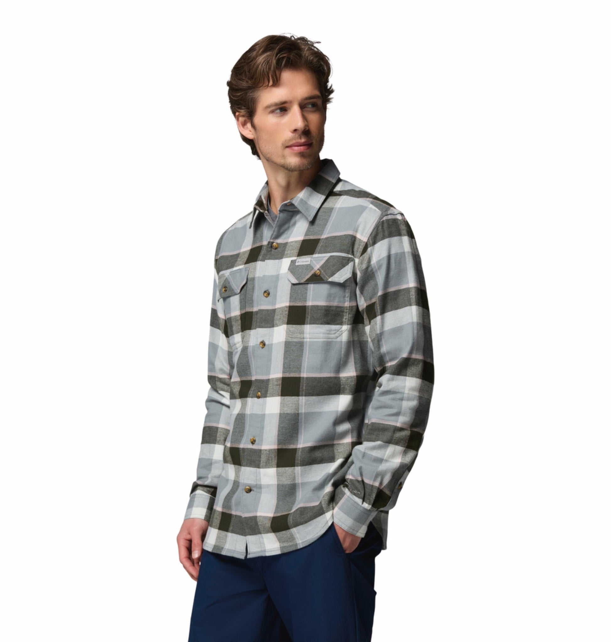 men green omni wick flare gun stretch flannel long sleeve shirt