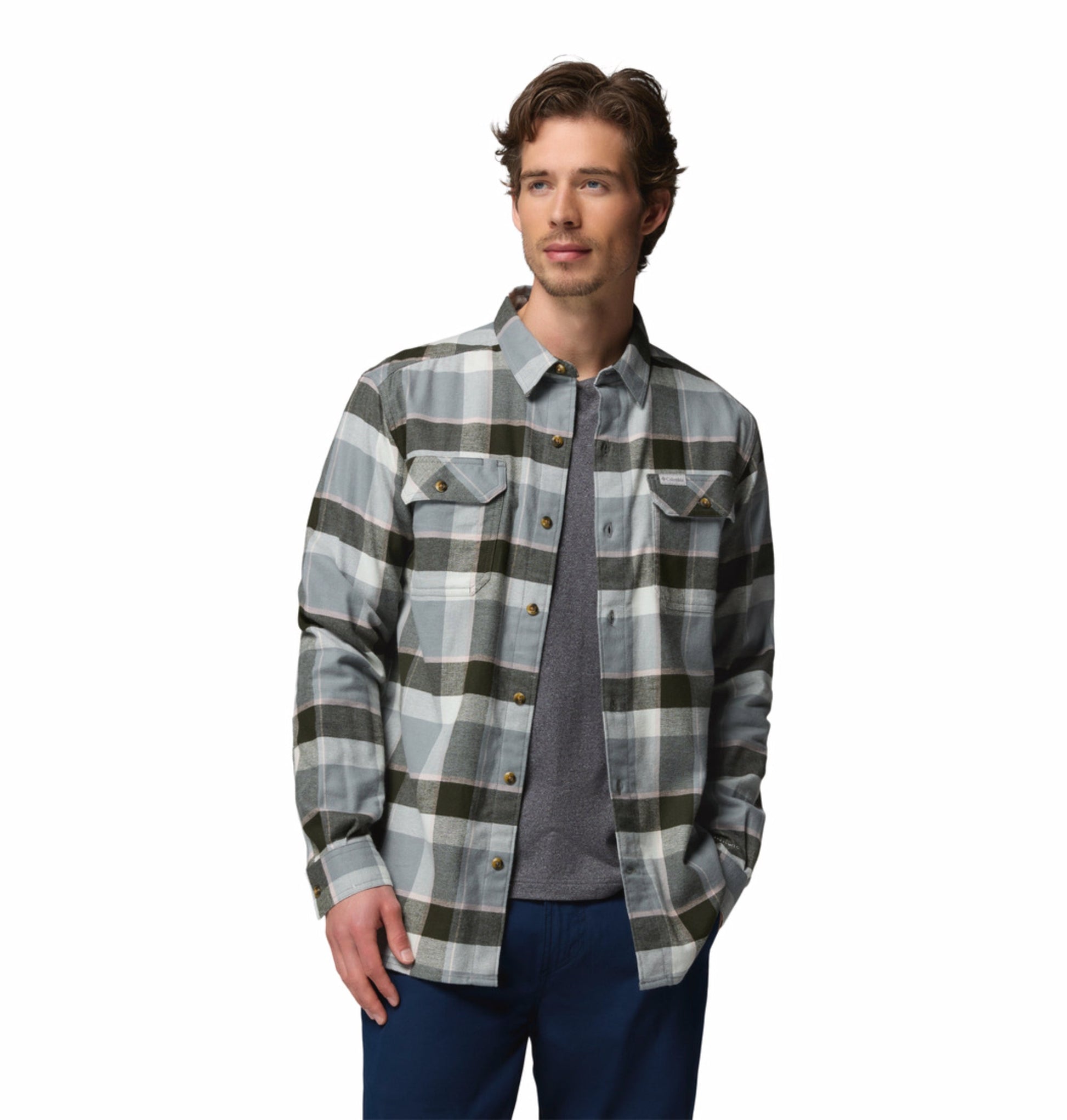 men green omni wick flare gun stretch flannel long sleeve shirt