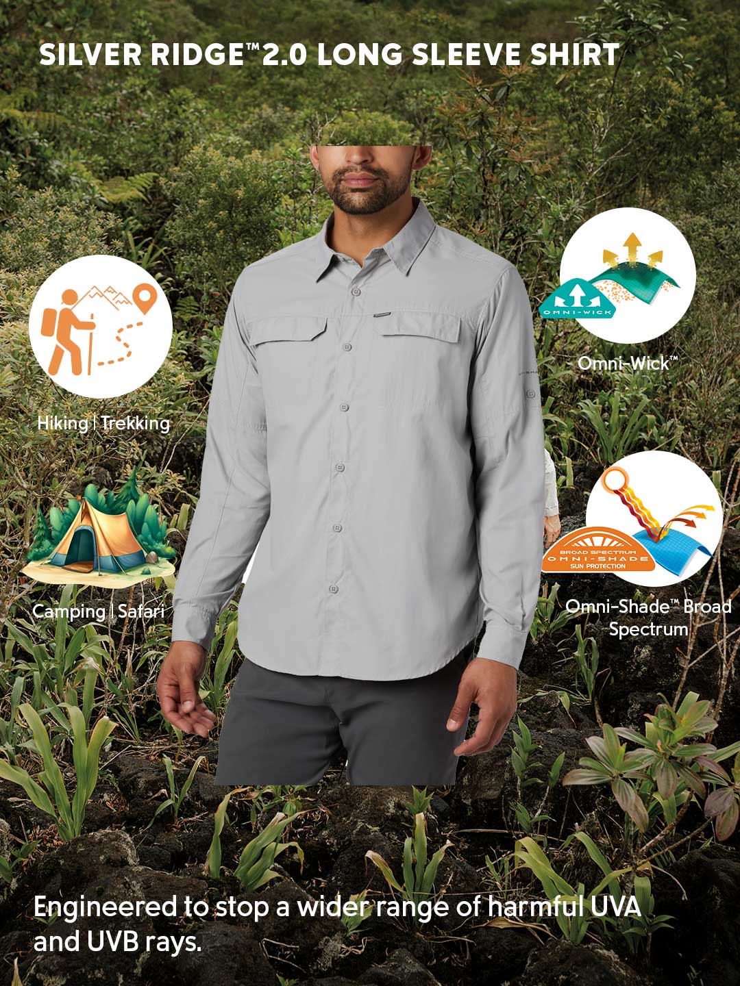 Columbia Men Grey Omni-Shade Silver Ridge 2.0 Long Sleeve Performance Shirt