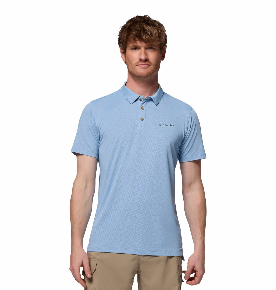 A Men Wearing Columbia Men Blue Tech Trail Utility Polo (Sun Protection)