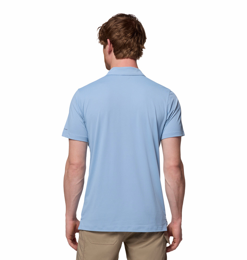 A Men Wearing Columbia Men Blue Tech Trail Utility Polo (Sun Protection)