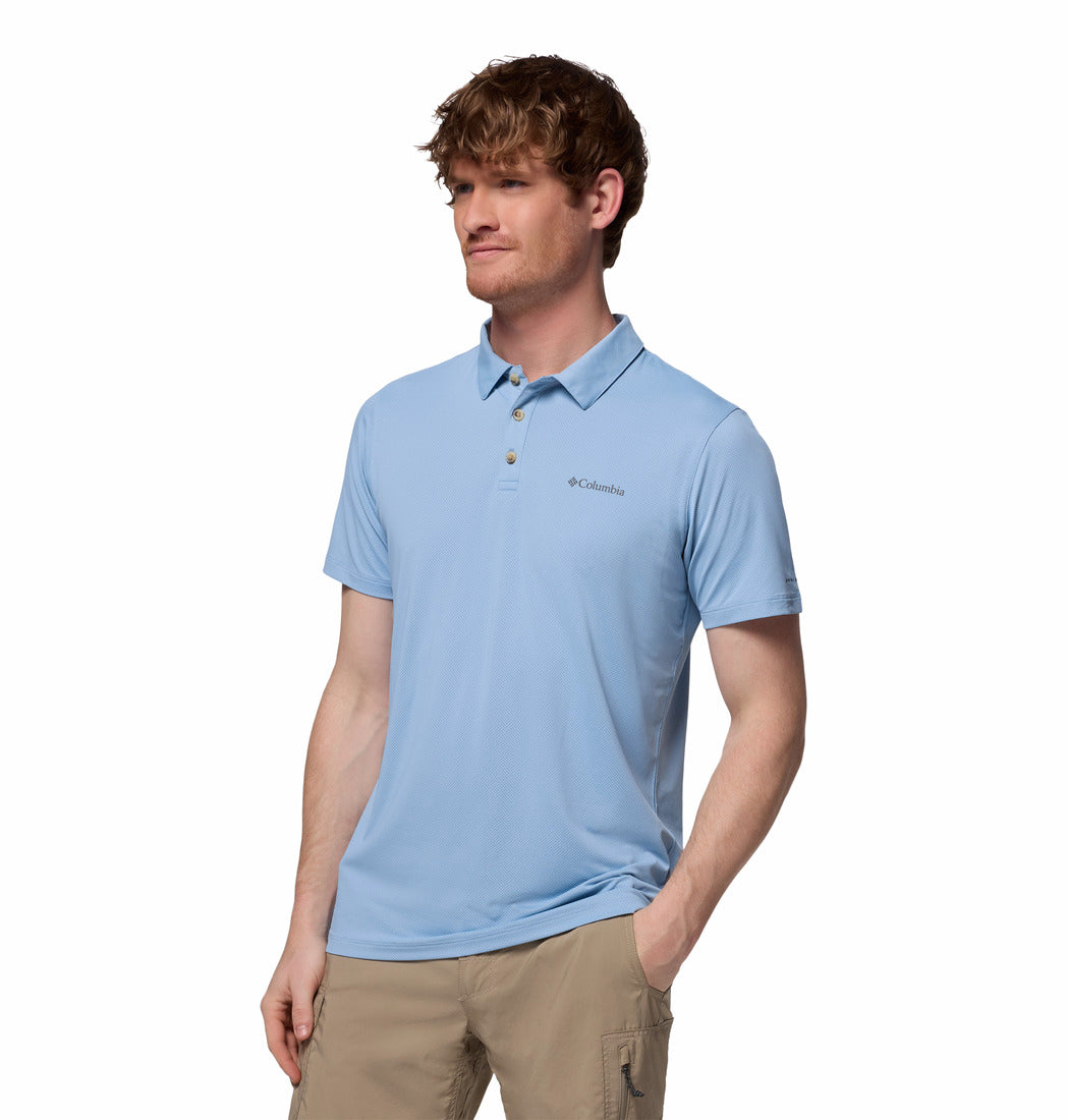A Men Wearing Columbia Men Blue Tech Trail Utility Polo (Sun Protection)