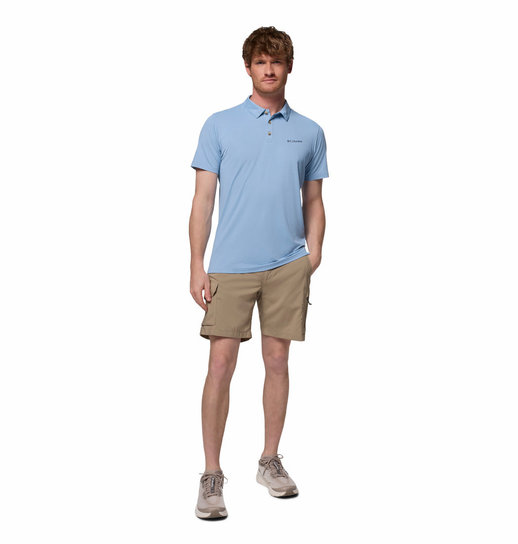 A Men Wearing Columbia Men Blue Tech Trail Utility Polo (Sun Protection)