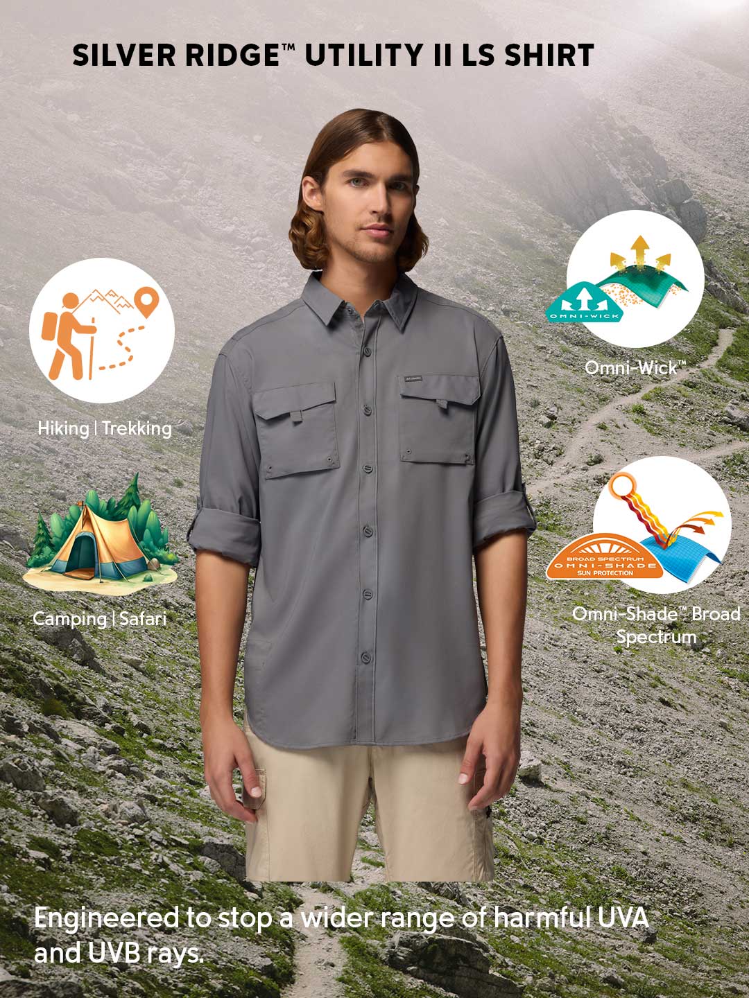 Columbia Men's Grey Omni-Shade Silver Ridge Utility II Long Sleeve Shirt
