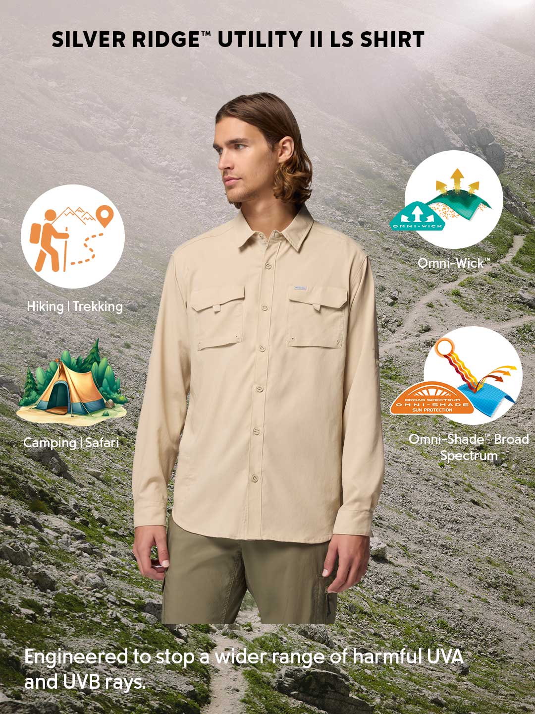 Columbia Men Beige Omni-Shade Silver Ridge Utility II Long Sleeve Shirt for Outdoor