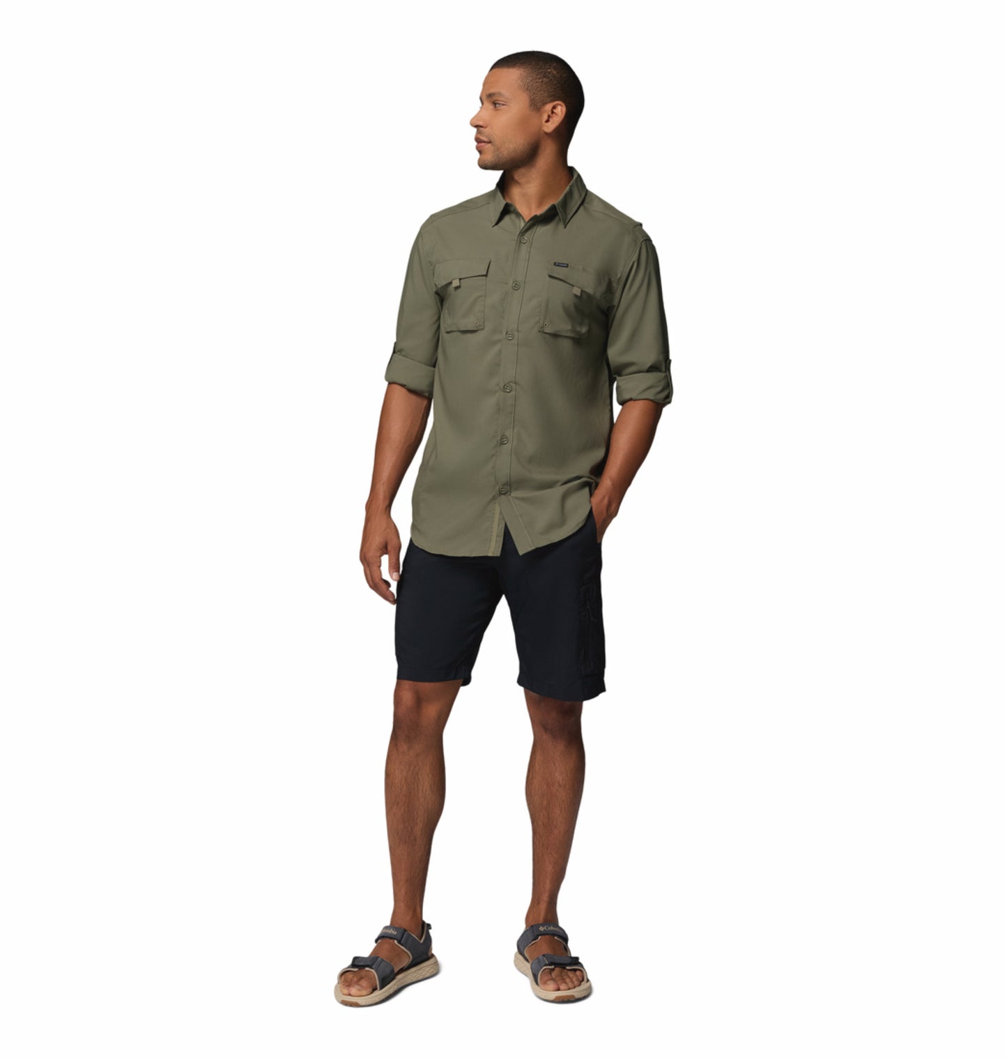 Columbia Men Olive Green Omni-Shade Silver Ridge Utility II Long Sleeve Shirt Outdoor