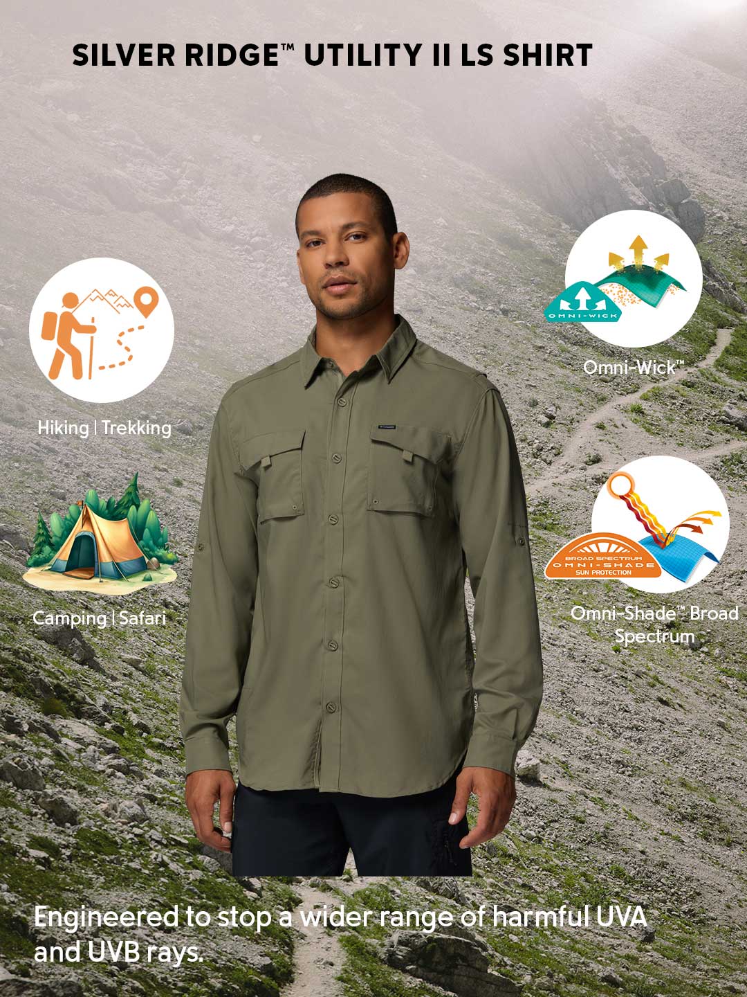 Columbia Men Olive Green Omni-Shade Silver Ridge Utility II Long Sleeve Shirt Outdoor
