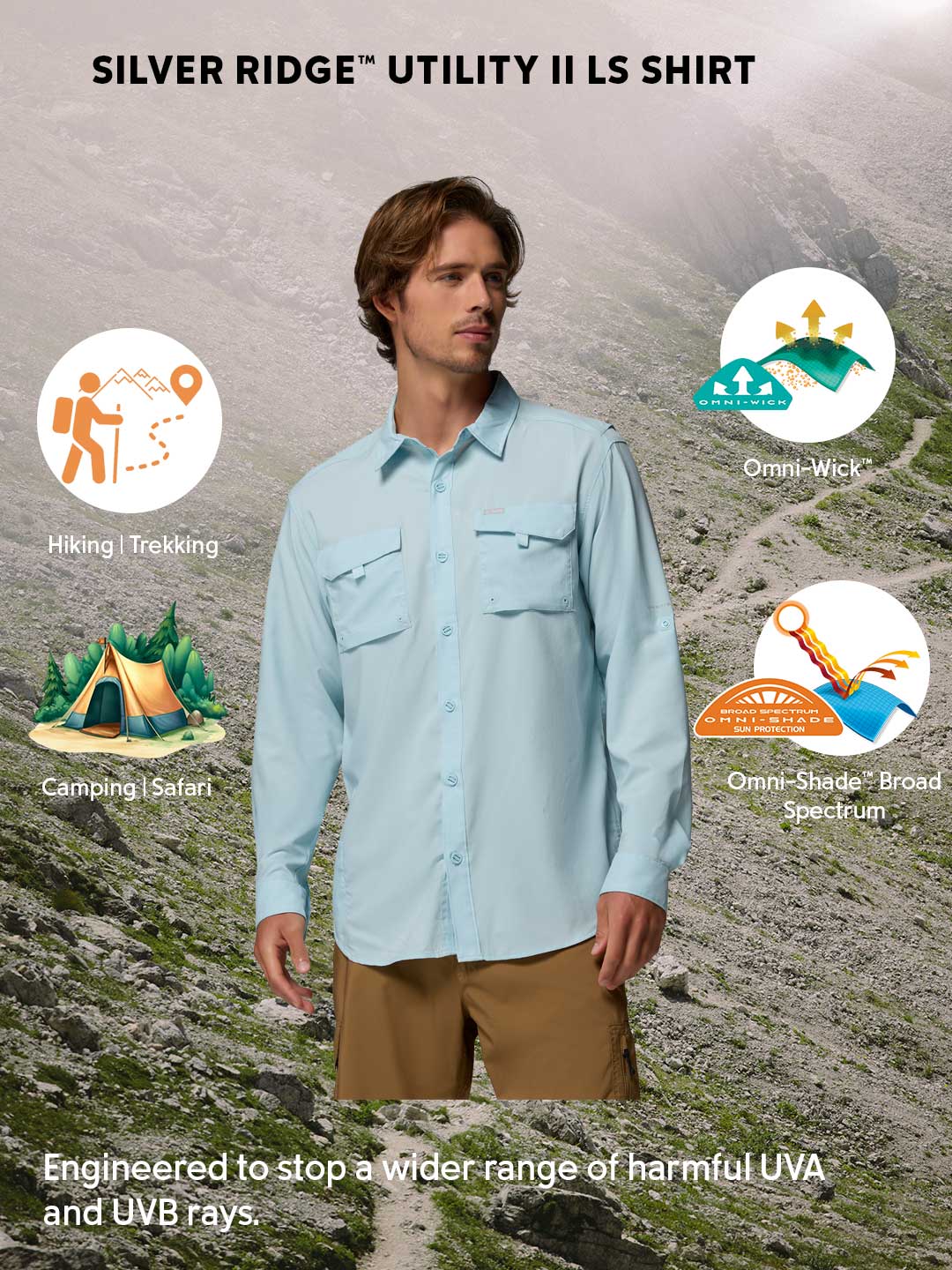 Columbia Men Blue Omni-Shade Silver Ridge Utility II Long Sleeve Shirt for Outdoor