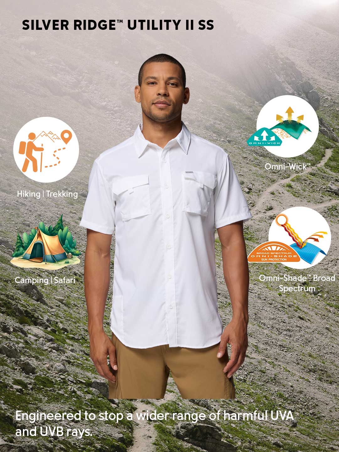 Columbia Men White Omni-Shade Silver Ridge Utility II Short Sleeve Shirt