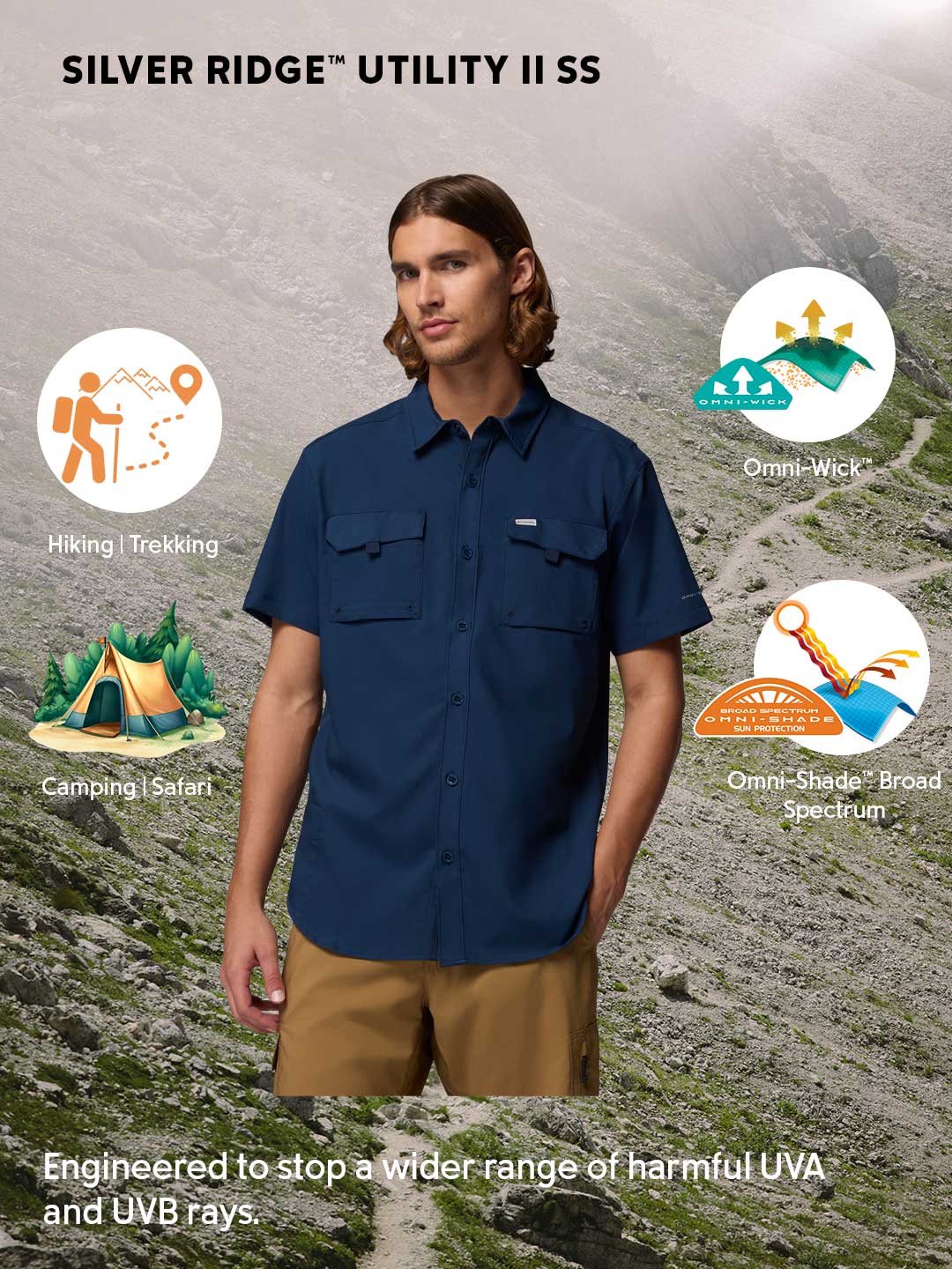 Columbia Men's Navy Blue Omni-Shade Silver Ridge Utility II Short Sleeve Shirt