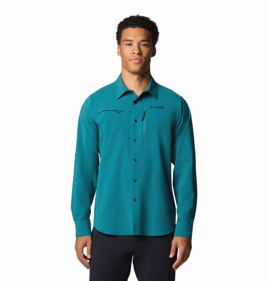 Columbia Mens Teal Omni-Shade Broad Spectrum Summit Valley Woven Long Sleeve Shirt