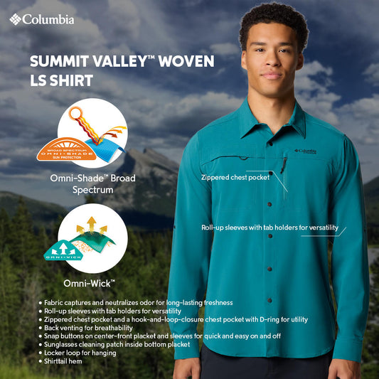 Columbia Mens Teal Omni-Shade Broad Spectrum Summit Valley Woven Long Sleeve Shirt