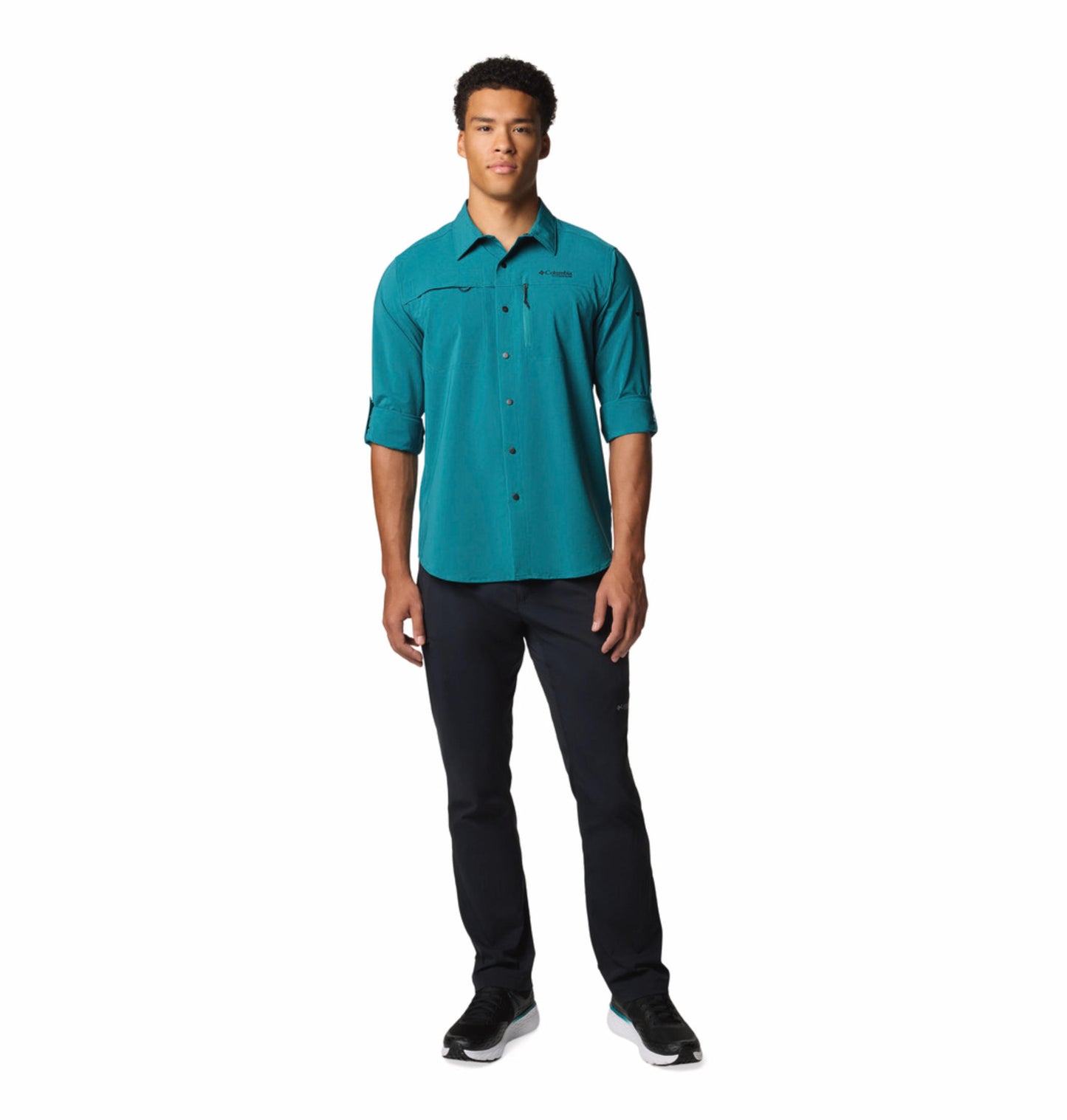 Columbia Mens Teal Omni-Shade Broad Spectrum Summit Valley Woven Long Sleeve Shirt