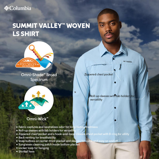 Columbia Mens Blue Omni-Shade Broad Spectrum Summit Valley Woven Long Sleeve Shirt