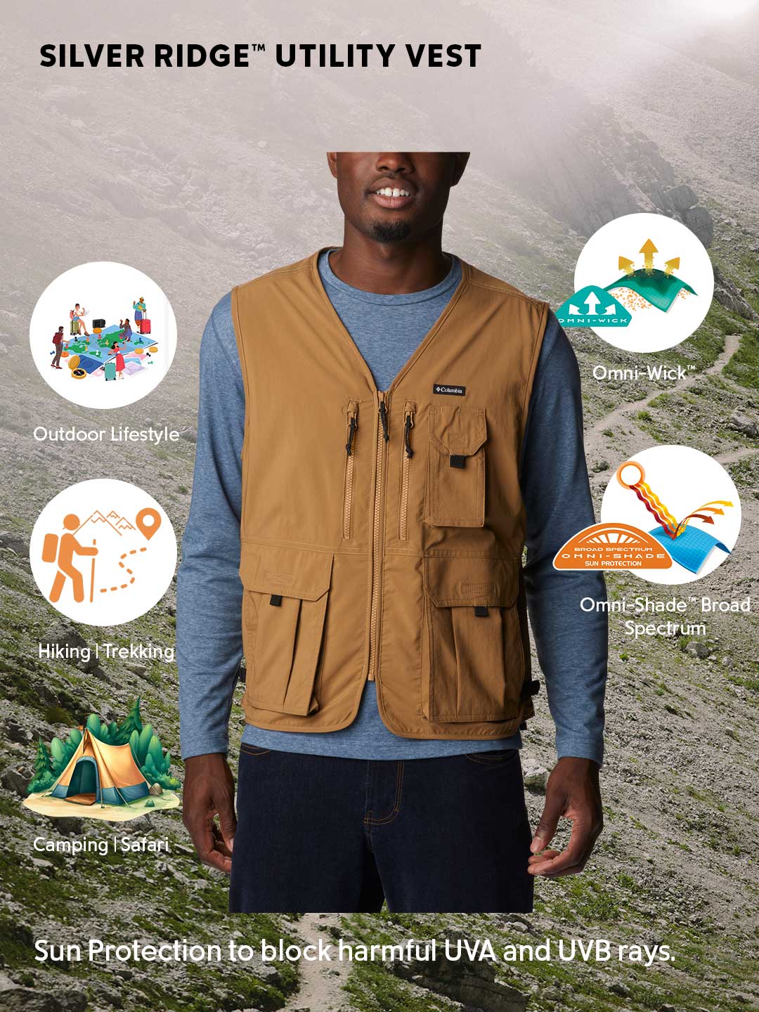 Columbia Men Brown Omni-Shade Silver Ridge Utility Vest - Sun Protection