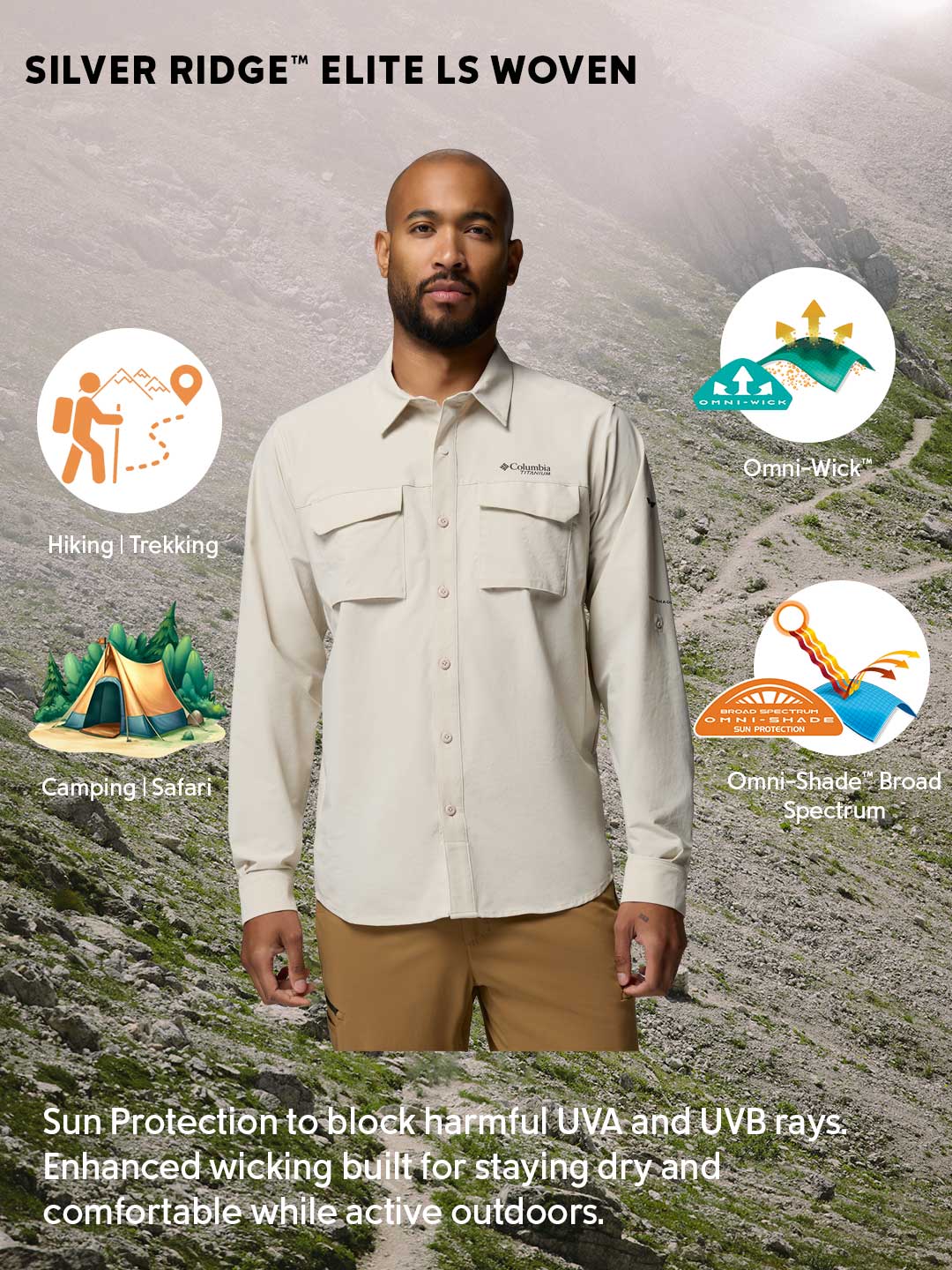 Columbia Men’s Beige Omni-Shade Silver Ridge Elite Long Sleeve Shirt