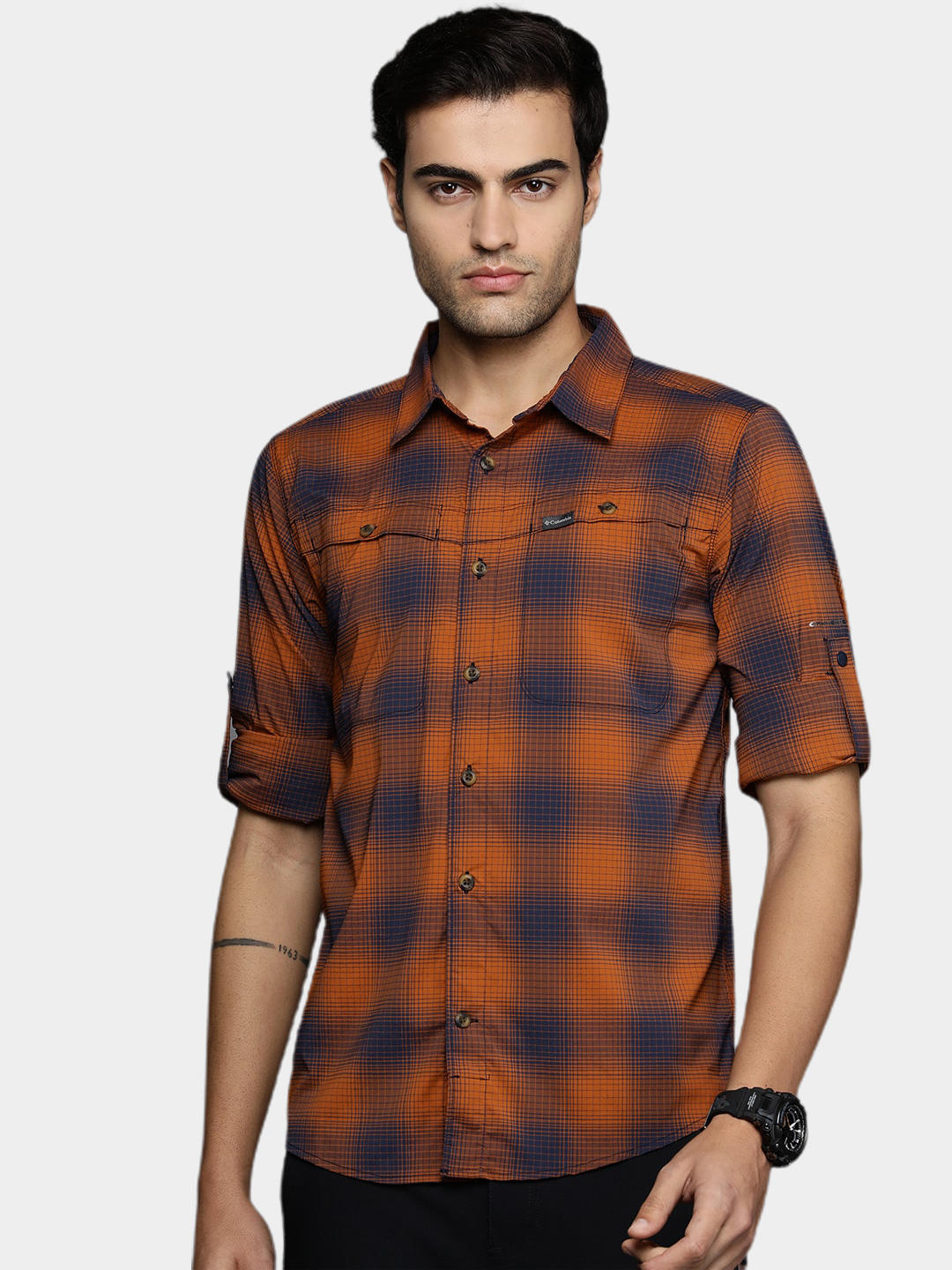 Columbia Men Orange Newton Ridge II Plaid Long Sleeve Shirts