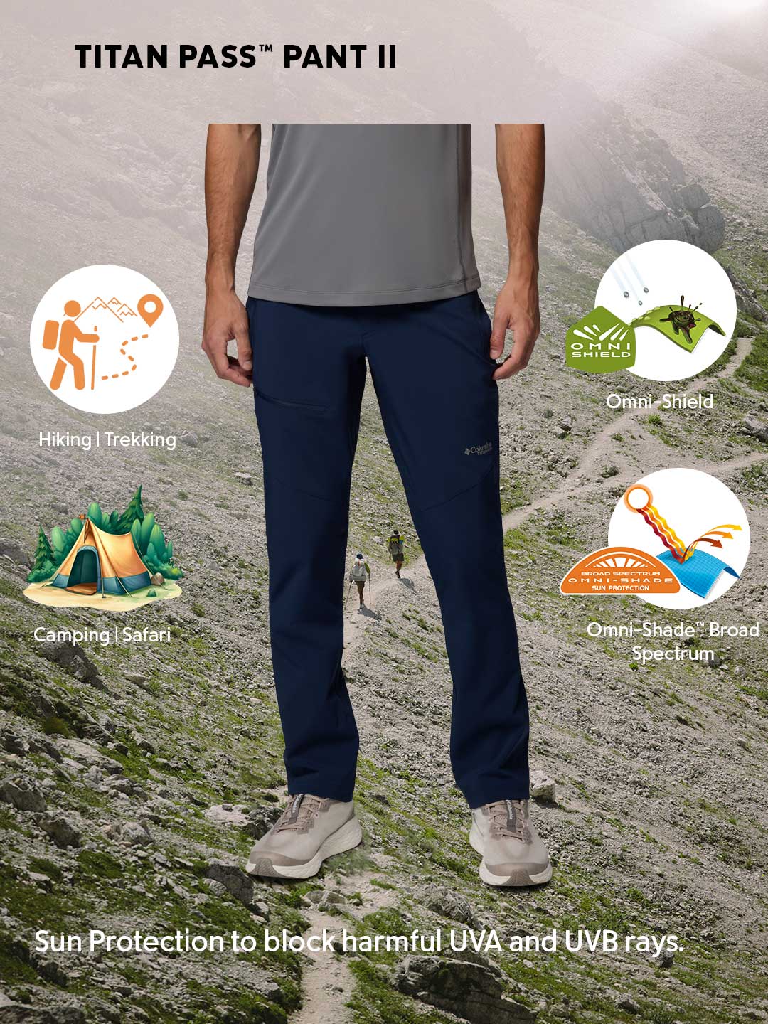 Columbia Men's Navy Blue Omni-Shade Titan Pass II Pant for Sun Protection