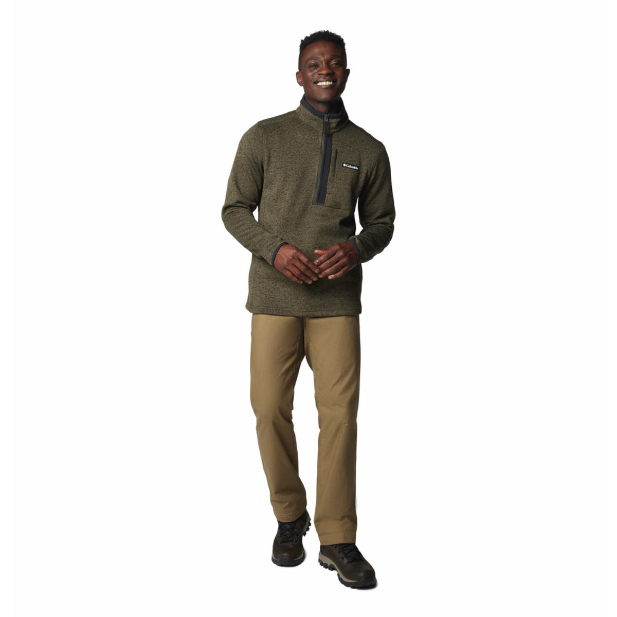 A Men Wearing Columbia Men Green Sweater Weather Half Zip