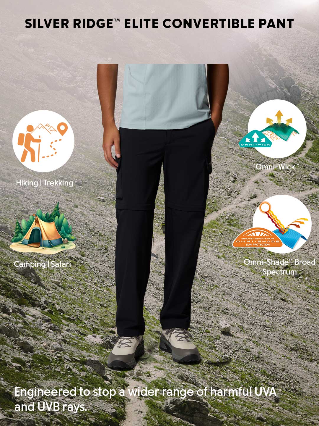 Columbia Men's Black Omni-Shade Silver Ridge Elite Convertible Outdoor Pants