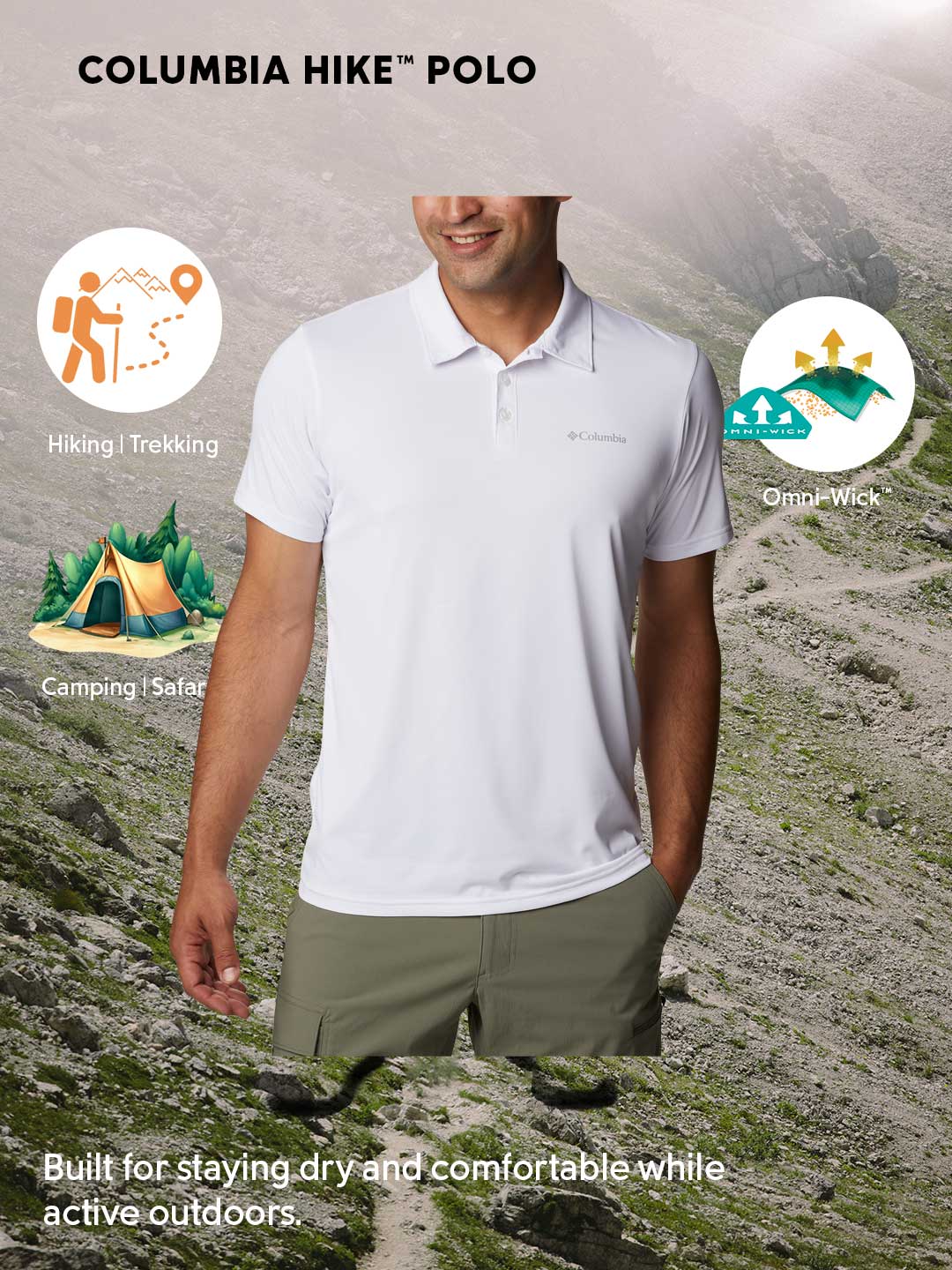 Columbia Men's White Omni-Wick Hike Polo Shirt - Breathable & Lightweight