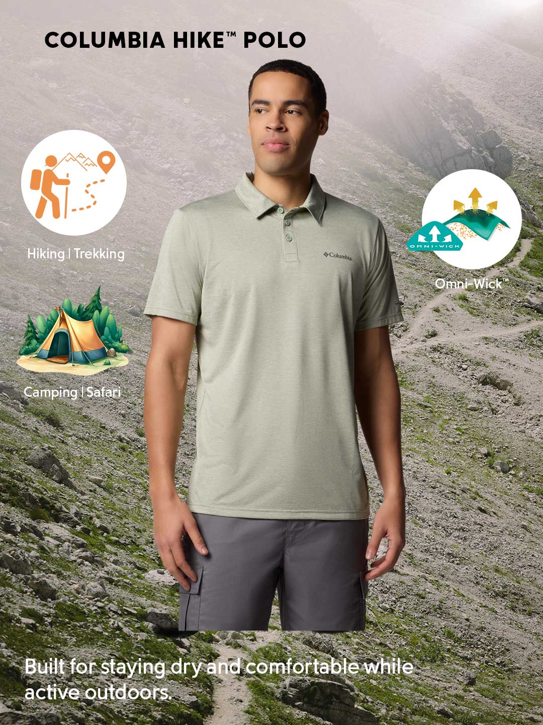 Columbia Men's Green Omni-Wick Hike Polo Shirt - Moisture Wicking & Durable