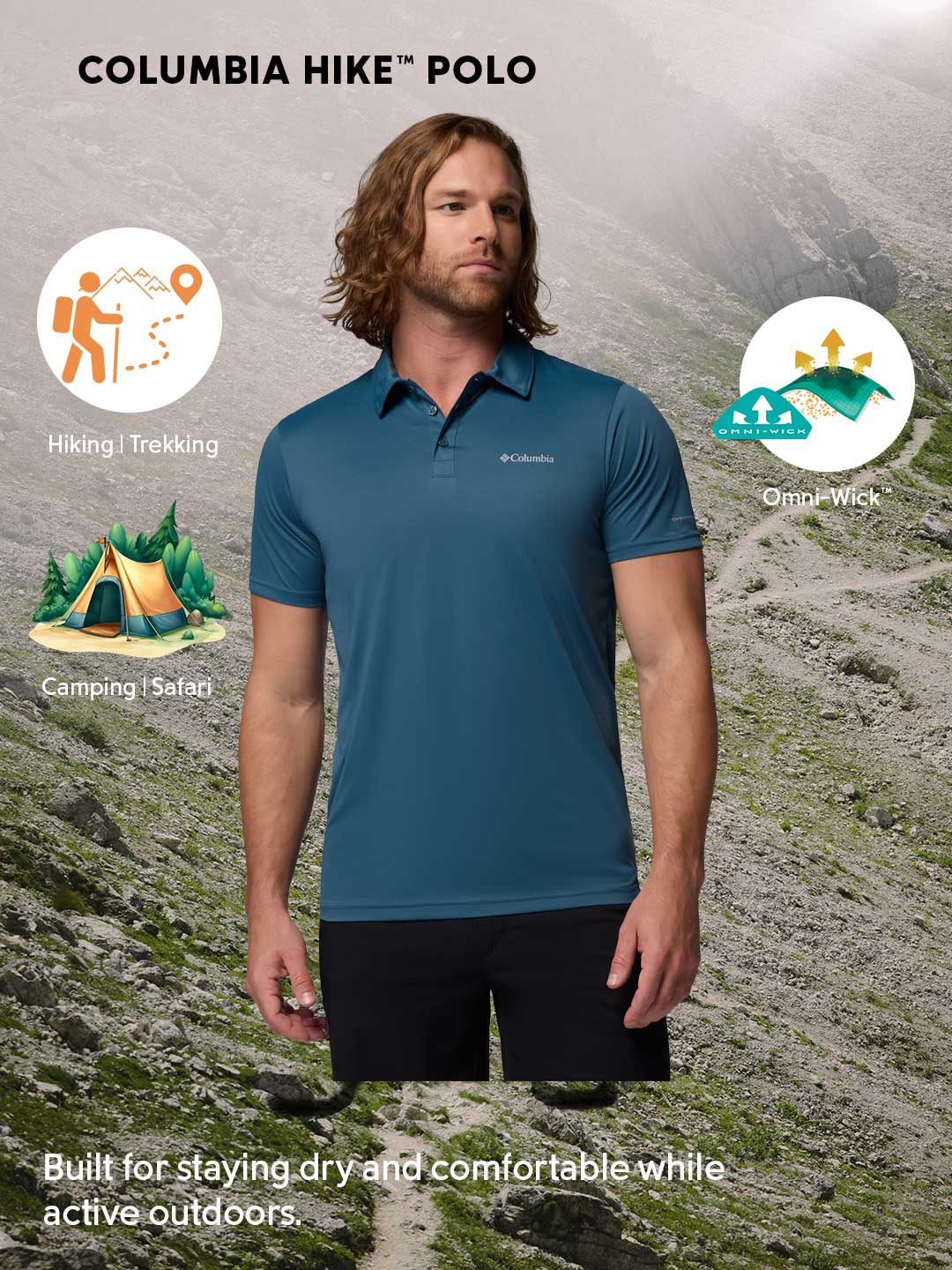Columbia Men’s Blue Omni-Wick Hike Polo T-Shirt – Durable Comfort