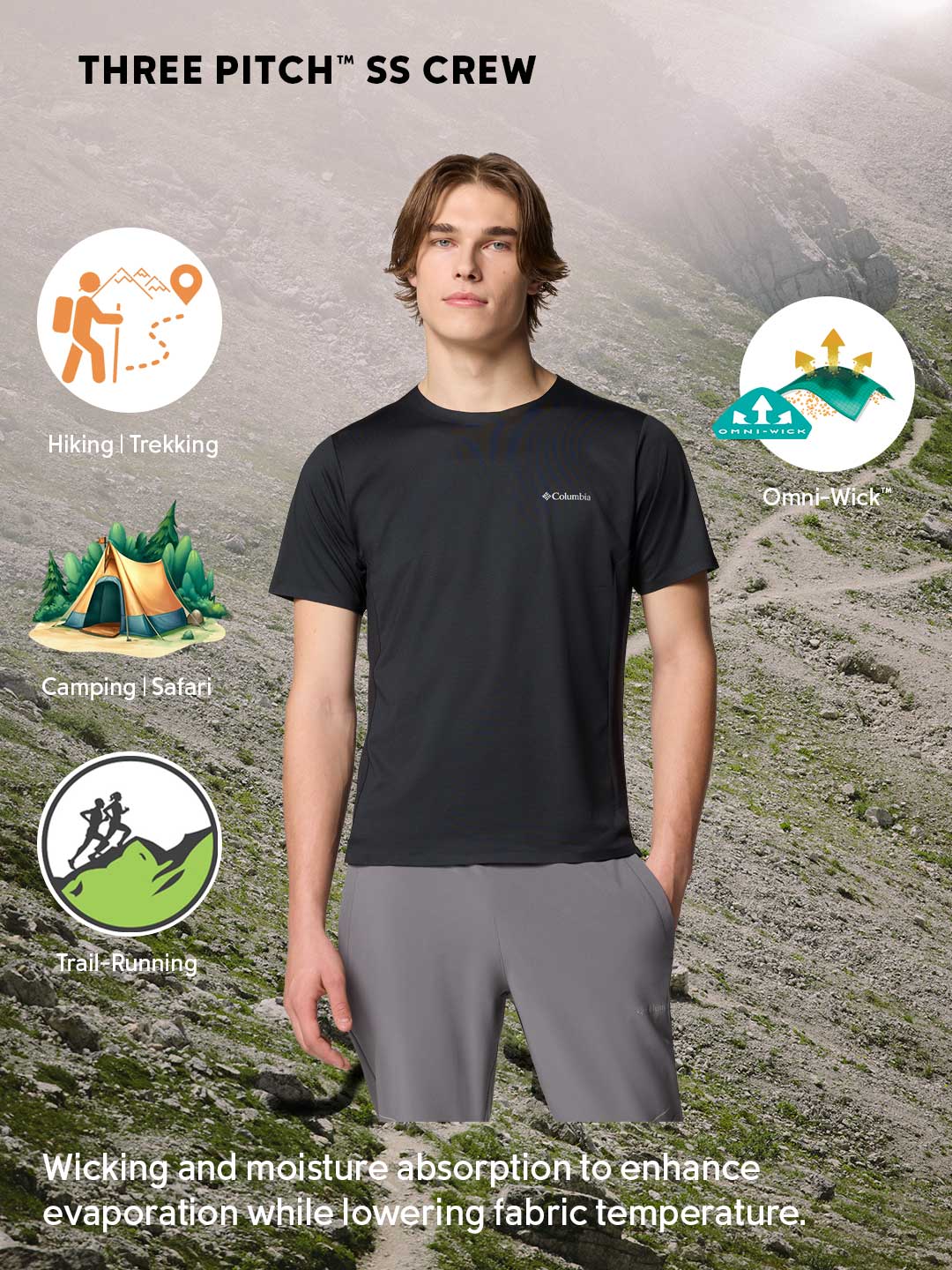 Columbia Men’s Black Omni-Wick Three Pitch Hiking T-Shirt