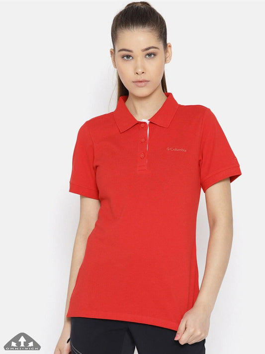 Columbia Women Red Cascade Range Solid Polo T-Shirt