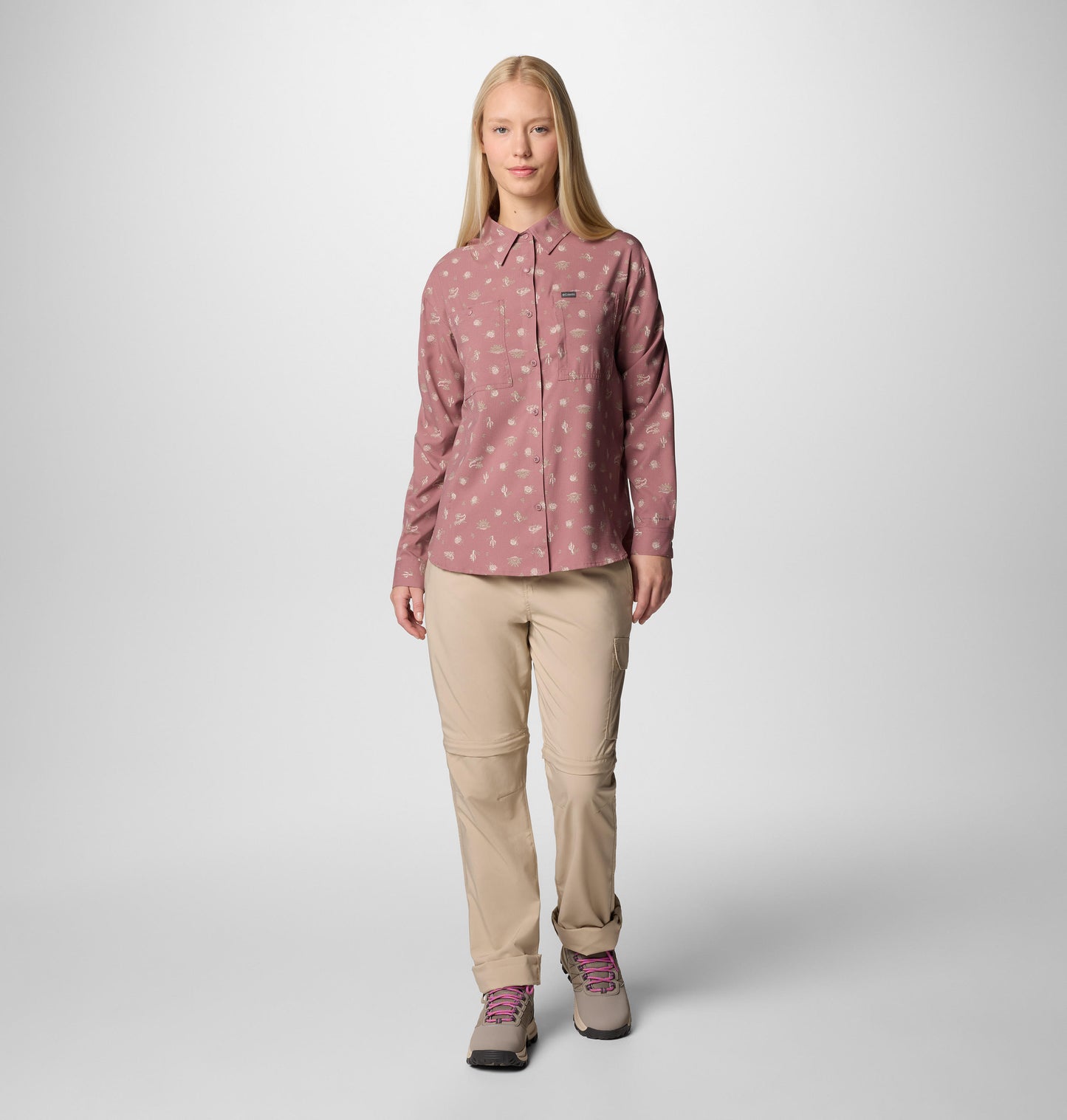 Columbia Womens Pink Omni-Wick Silver Ridge Utility Patterned Long Sleeve Shirt