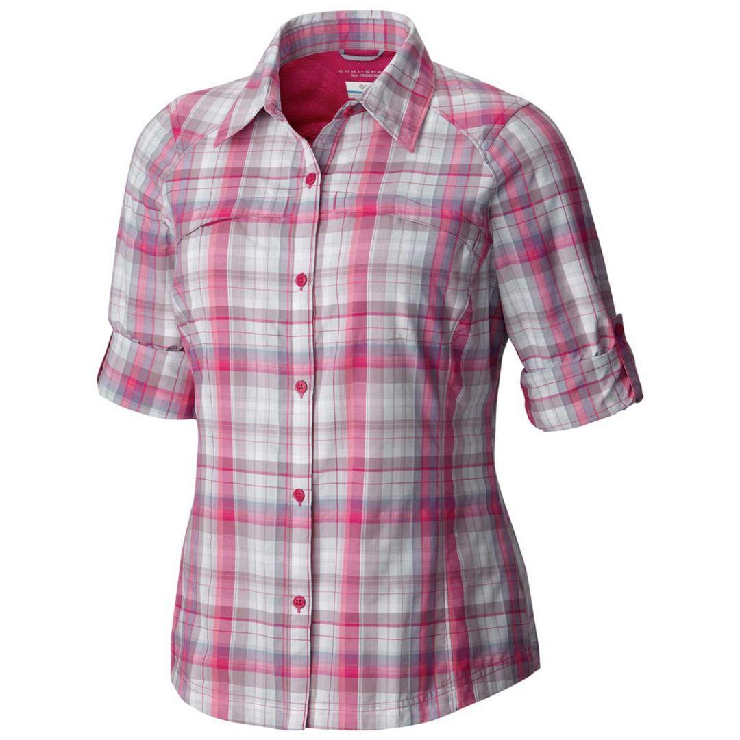 Columbia Women Red Silver Ridge Plaid Long Sleeve Shirt (Sun Protection)