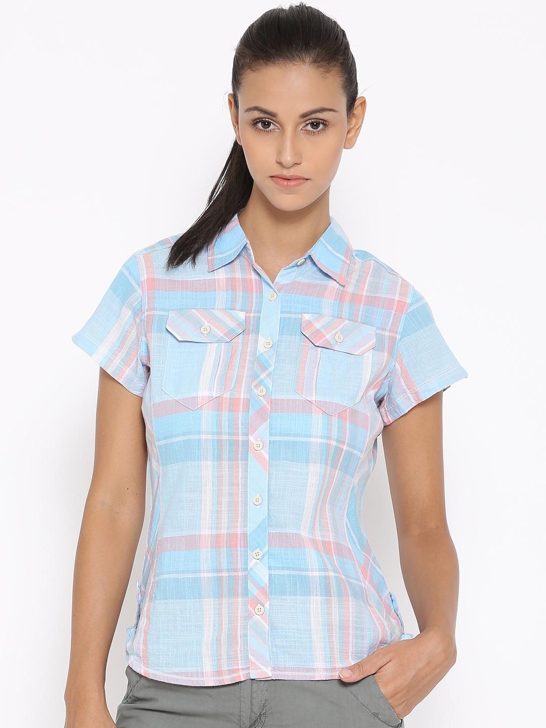Columbia Women Blue Camp Henry Short Sleeve Shirt