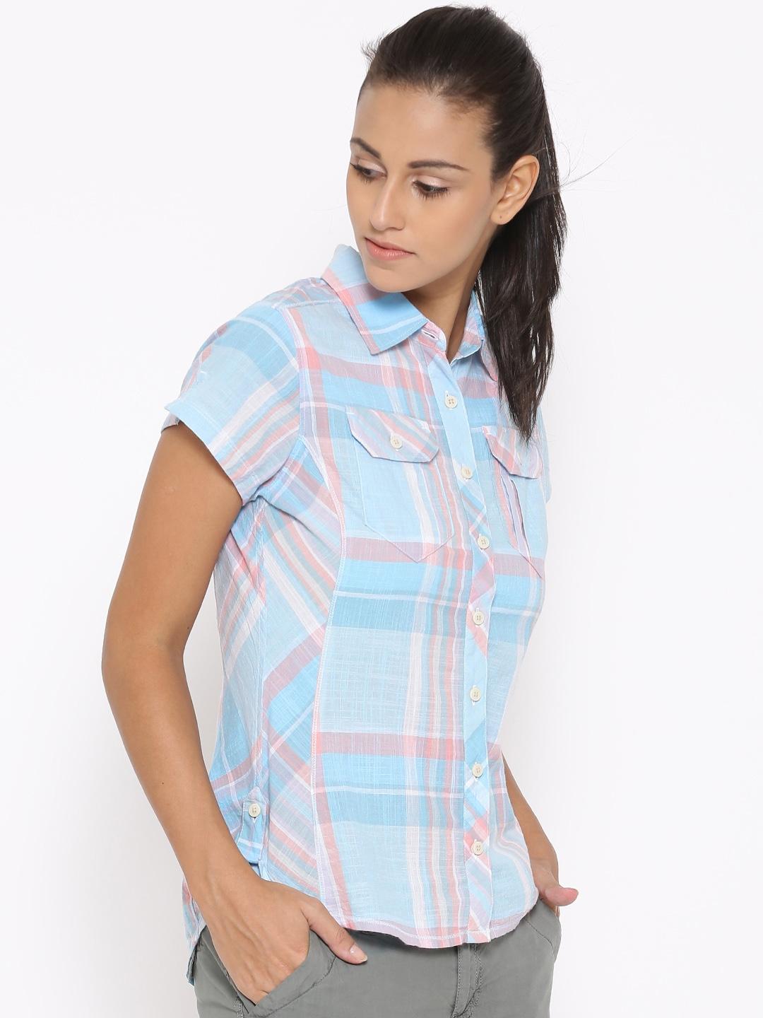 Columbia Women Blue Camp Henry Short Sleeve Shirt