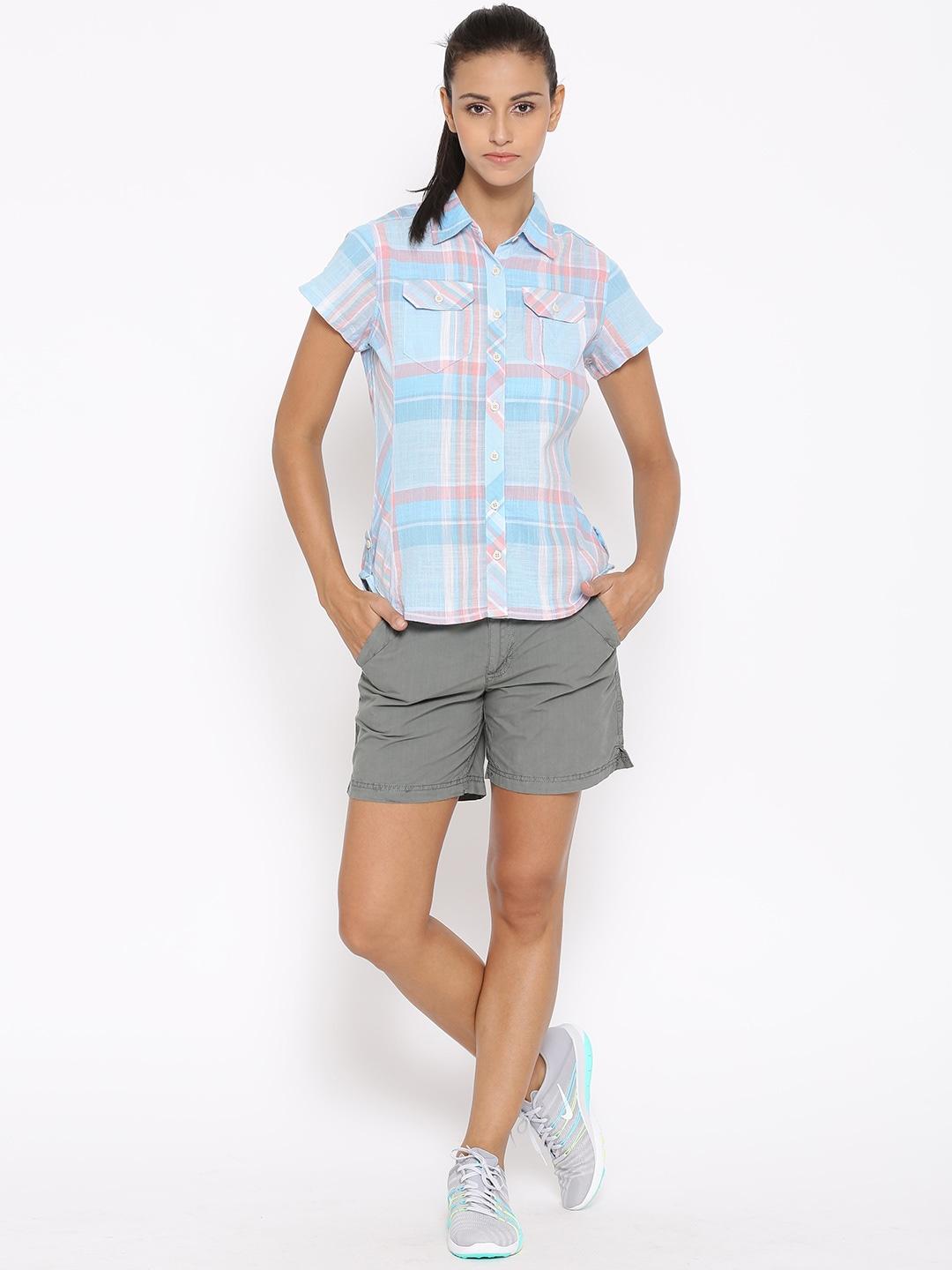 Columbia Women Blue Camp Henry Short Sleeve Shirt