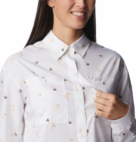 Columbia Women White Silver Ridge Utility Patterned Long Sleeve Shirt